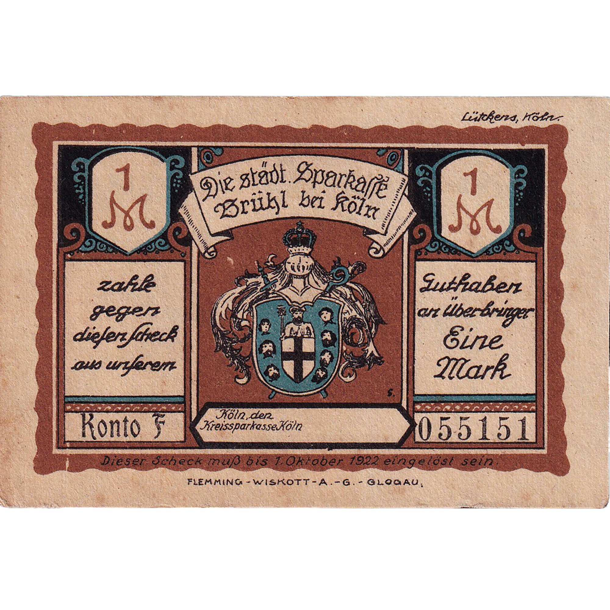 Geldschein, Deutschland, Brühl, 1 Mark, rempart 1922-10-01, VZ Mehl:192.1a
