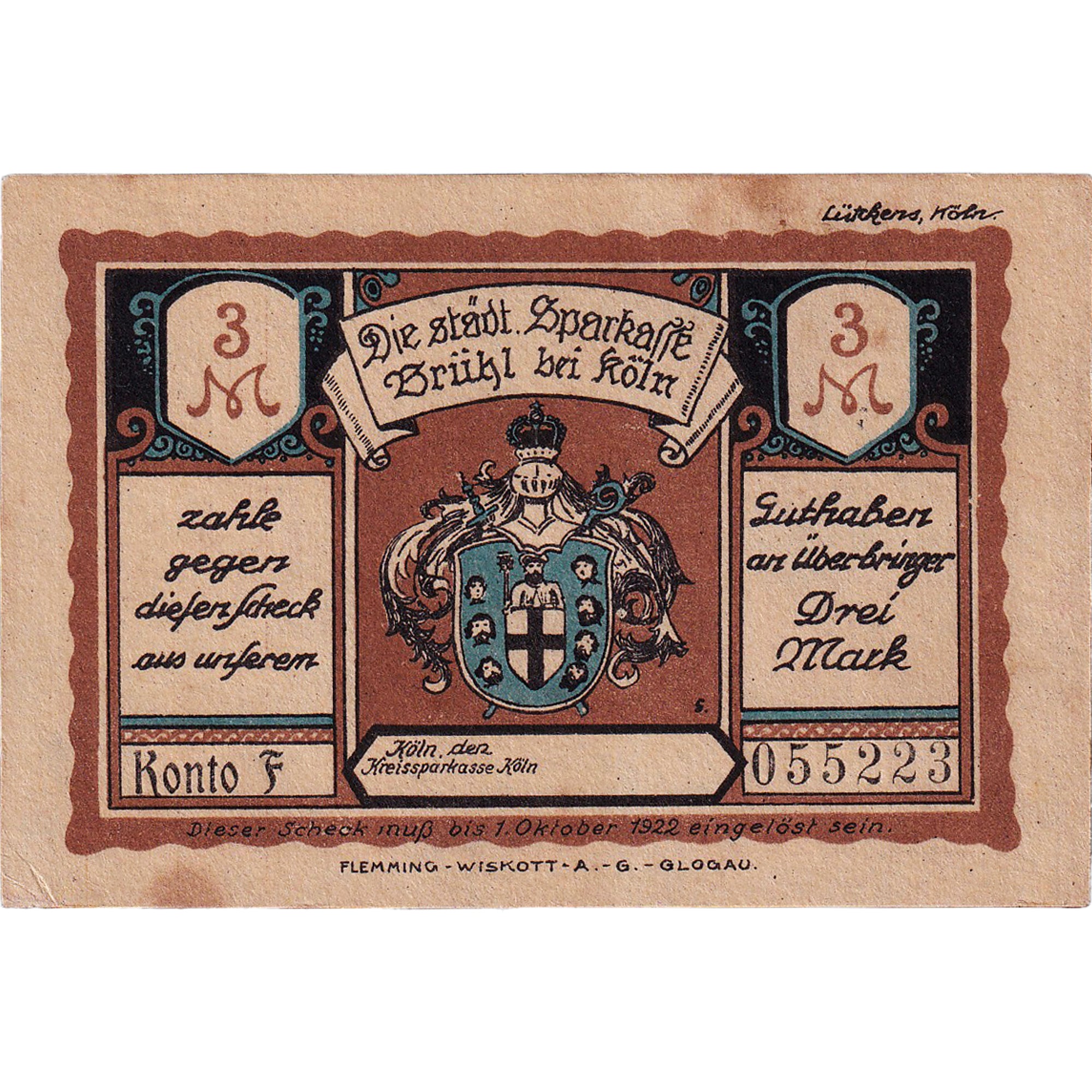 Geldschein, Deutschland, Brühl, 3 Mark, Usine 1922-10-01, VZ Mehl:192.1a
