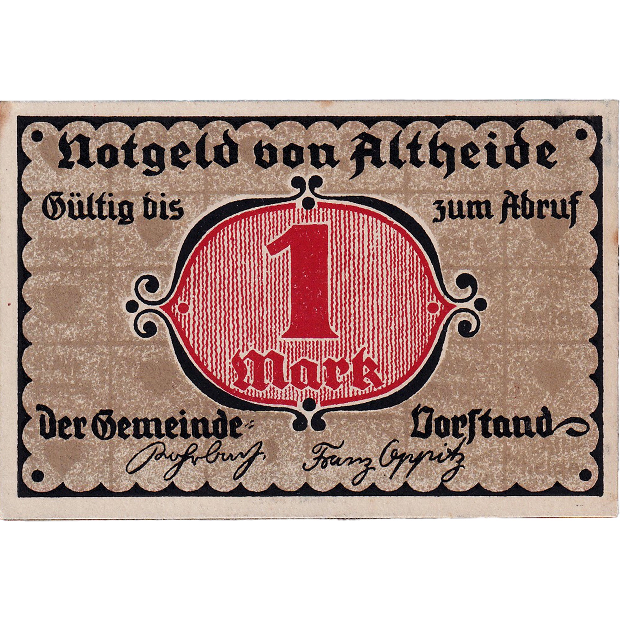 Geldschein, Deutschland, Altheide, 1 Mark, porte, 1921, UNZ-, Mehl:28.2