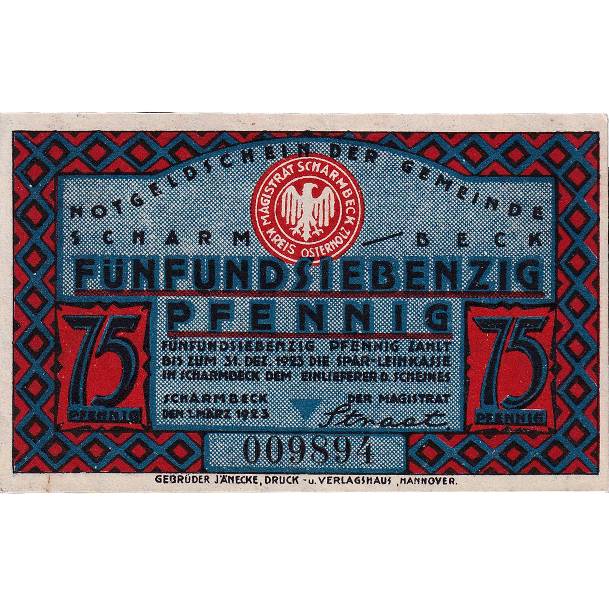 Billete, Alemania, Scharmbeck, 75 Pfennig, ferme, 1923, SC, Mehl:1173.2a