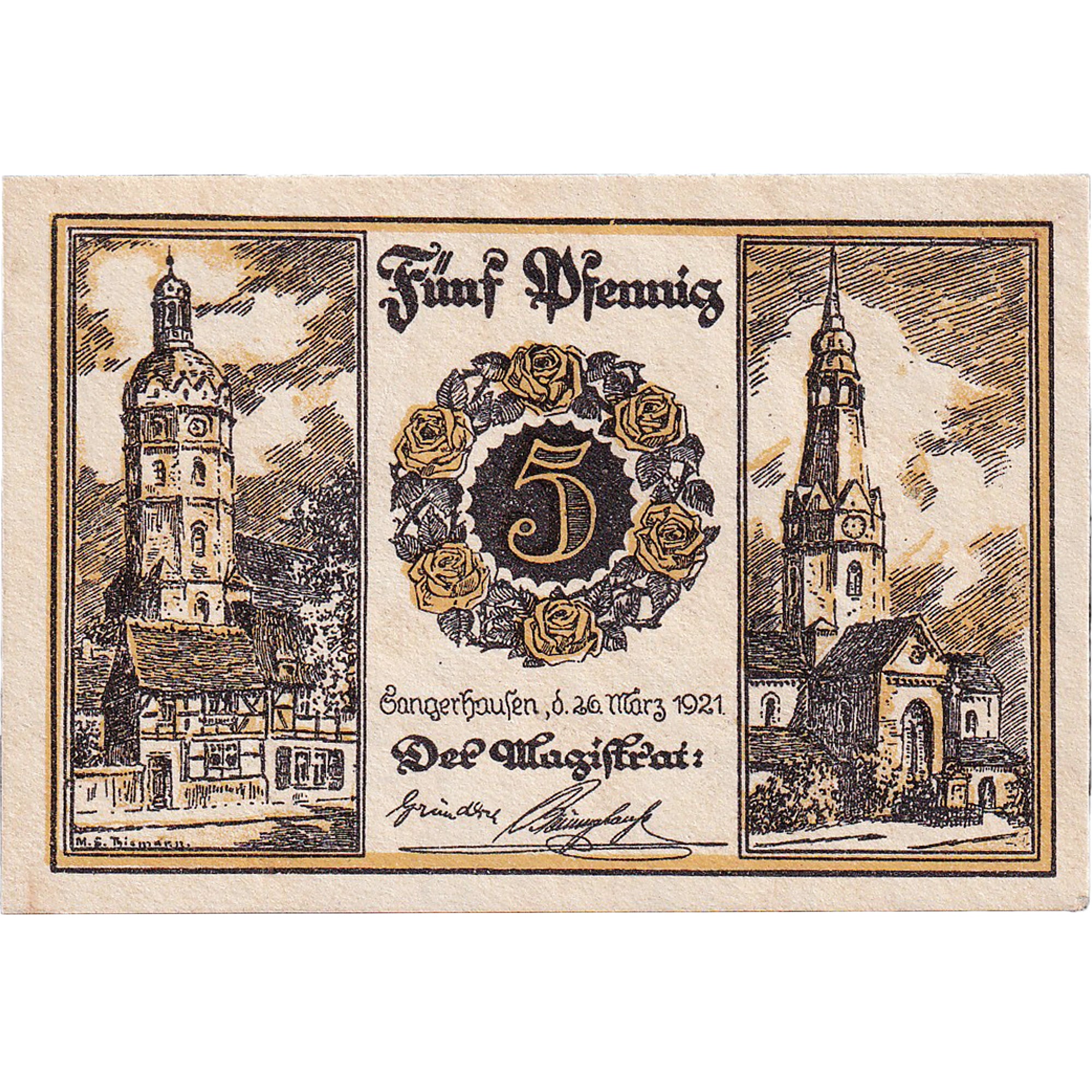 Geldschein, Deutschland, Sangerhausen, 5 Pfennig, Eglise, 1921 UNZ- Mehl:1163.1a
