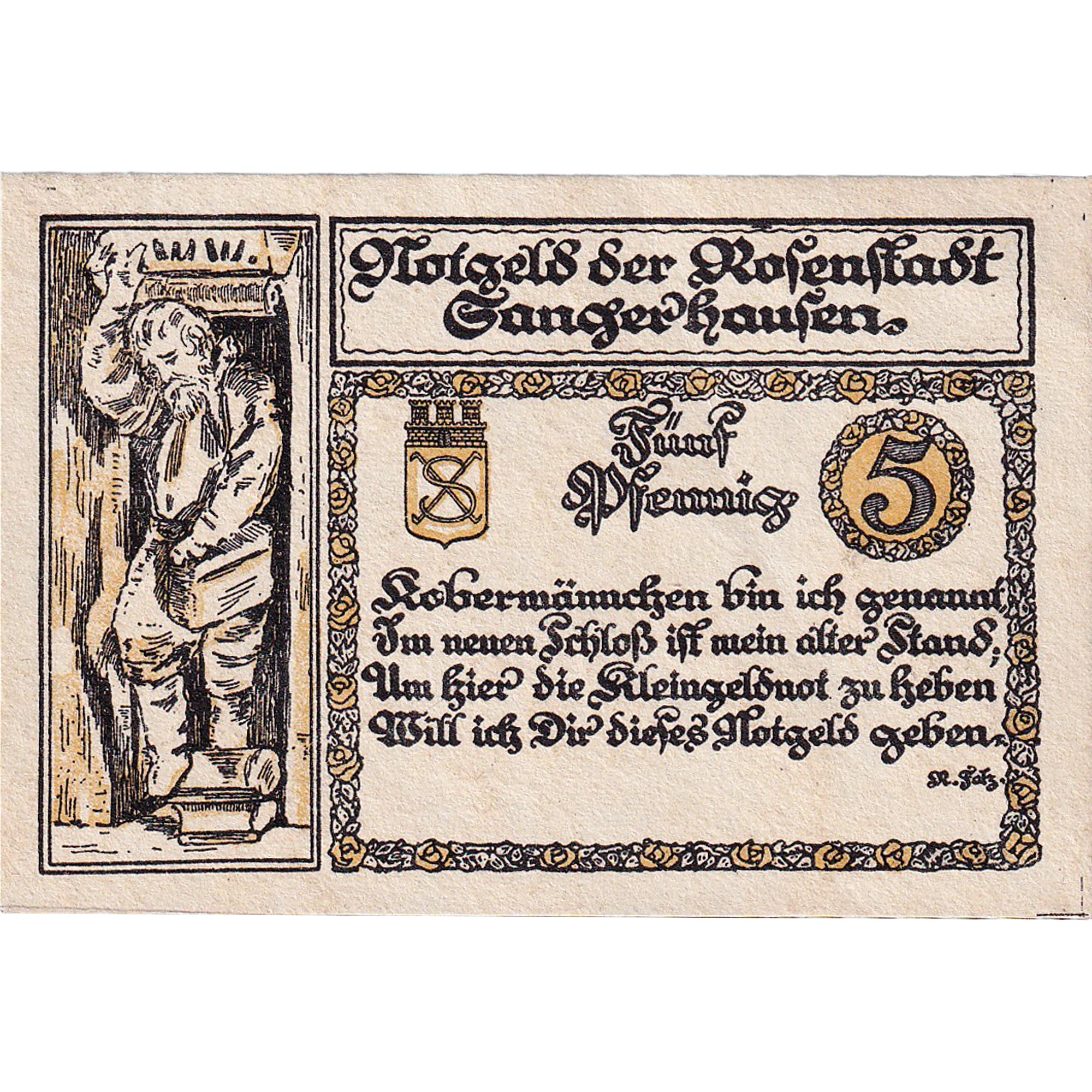 Geldschein, Deutschland, Sangerhausen, 5 Pfennig, Eglise, 1921 UNZ- Mehl:1163.1a
