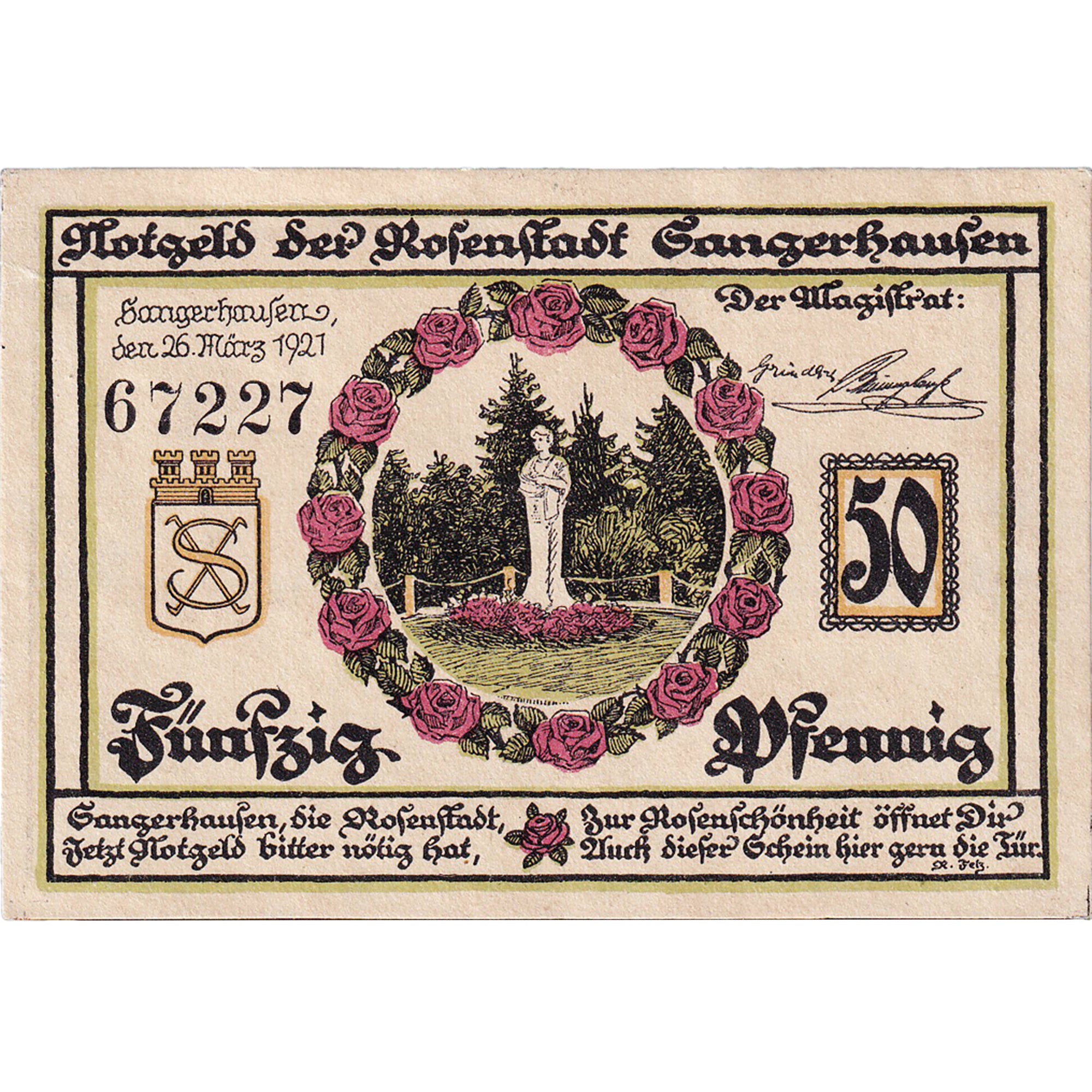 Geldschein, Deutschland, Sangerhausen 50 Pfennig fontaine 1921 UNZ- Mehl:1163.1a