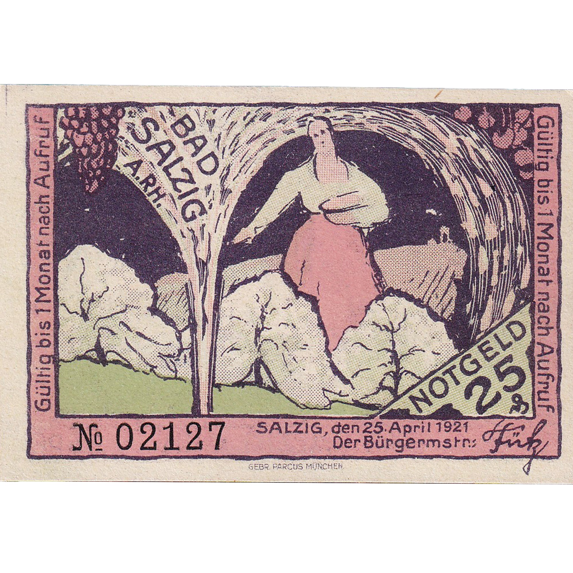 Geldschein, Deutschland, Salzig, 25 Pfennig, Monument 1921 UNZ- Mehl:1163.1a
