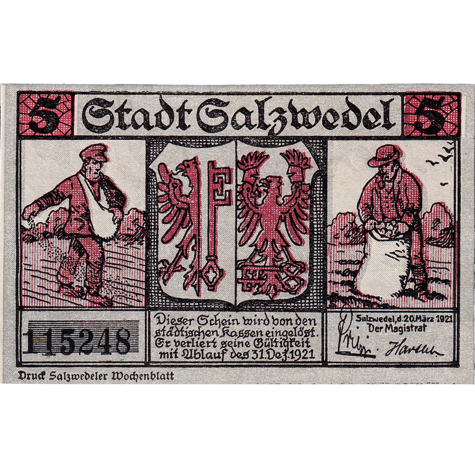 Banconote, Germania, Salzwedel, 5 Pfennig, aigle, 1921 SPL Mehl:1162.1a
