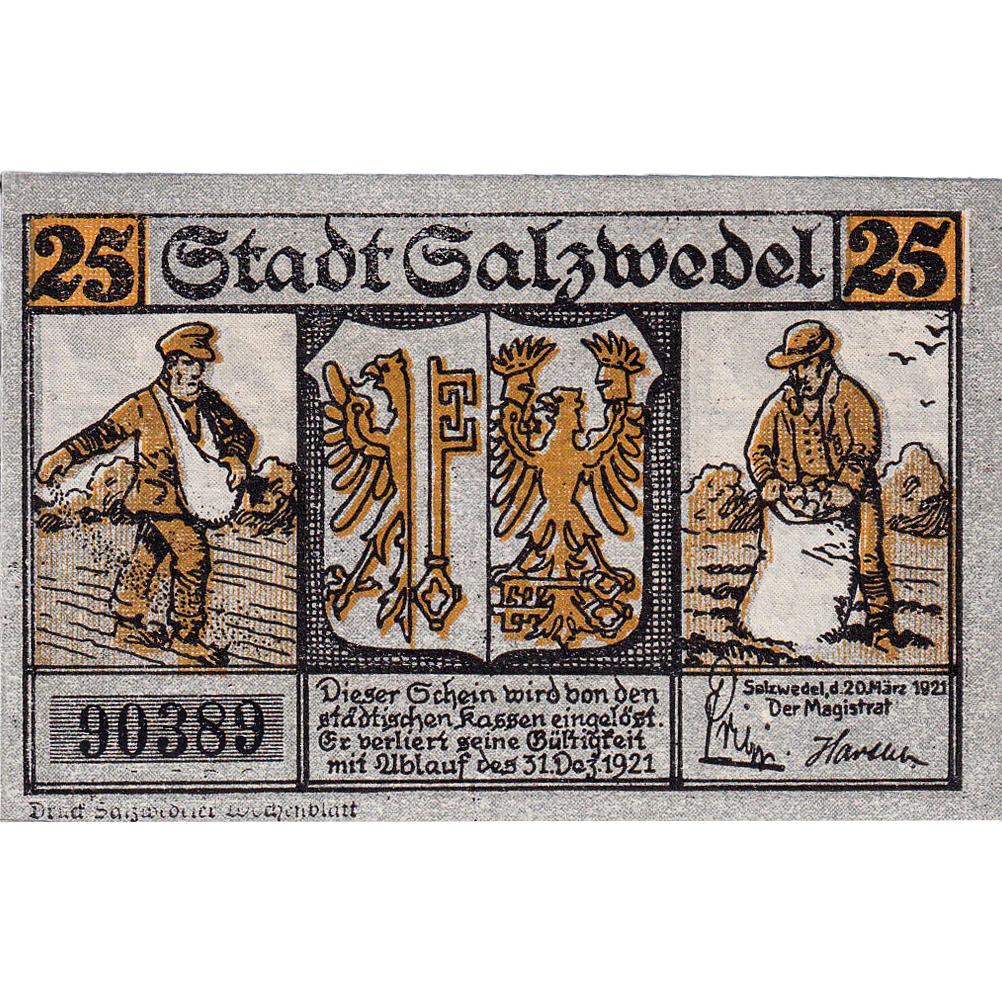 Geldschein, Deutschland, Salzwedel, 25 Pfennig, Blason, 1921 UNZ- Mehl:1162.1a