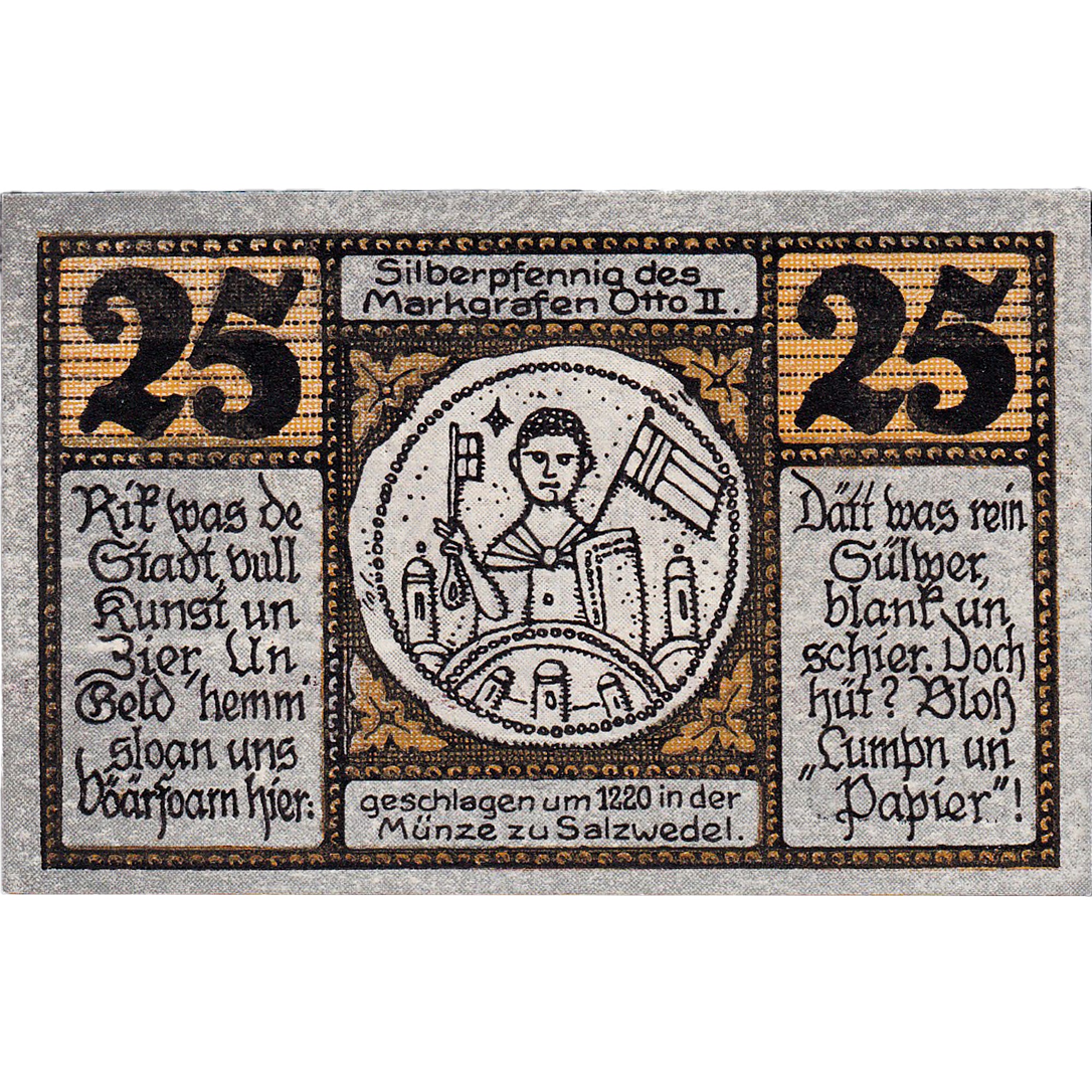 Geldschein, Deutschland, Salzwedel, 25 Pfennig, Blason, 1921 UNZ- Mehl:1162.1a