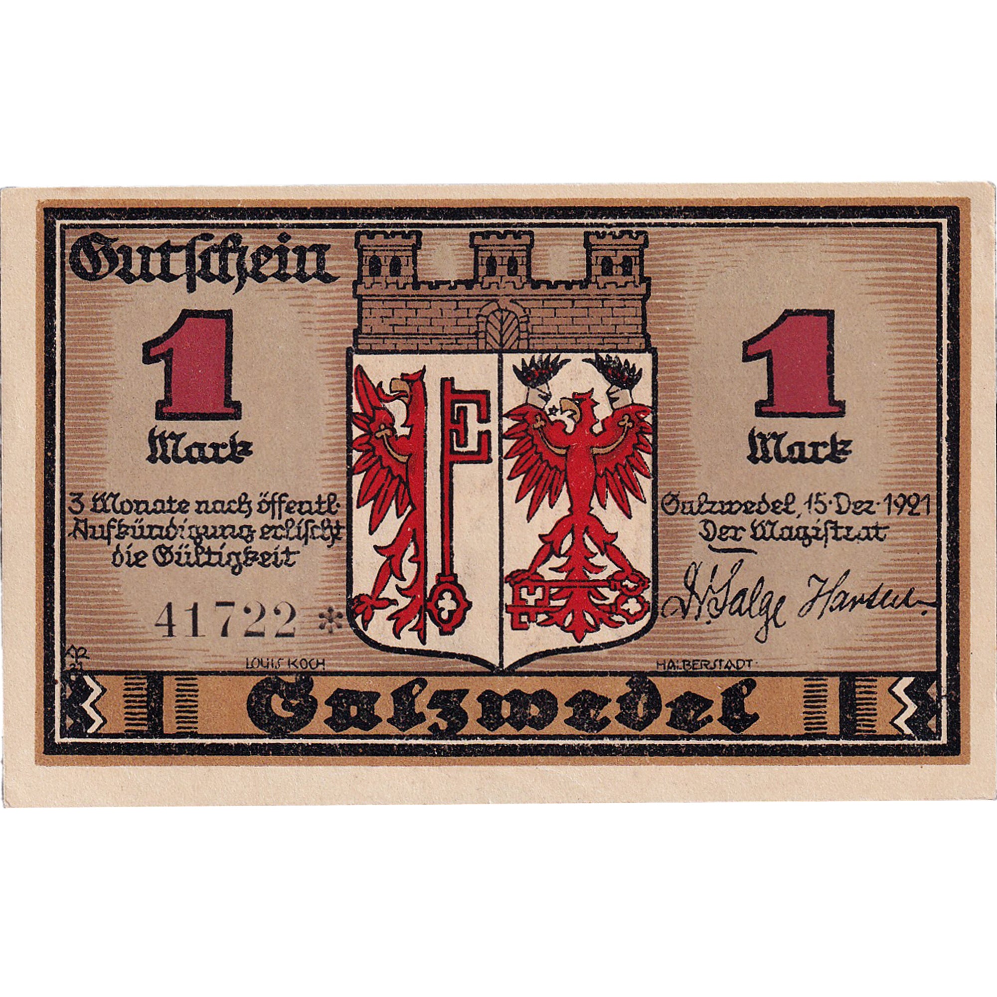 Geldschein, Deutschland, Salzwedel, 1 Mark, Blason, 1921 UNZ- Mehl:1162.2a