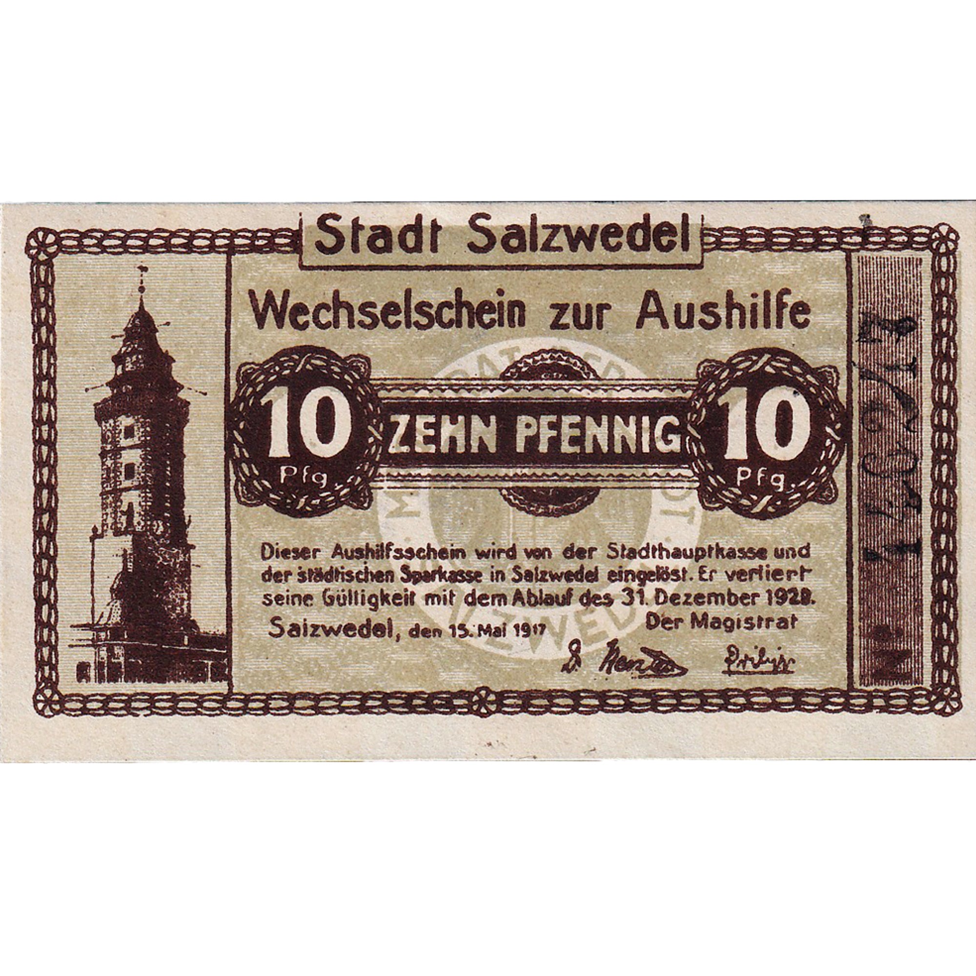 Geldschein, Deutschland, Salzwedel, 10 Pfennig, tour, 1920 UNZ- Mehl:S8.3b