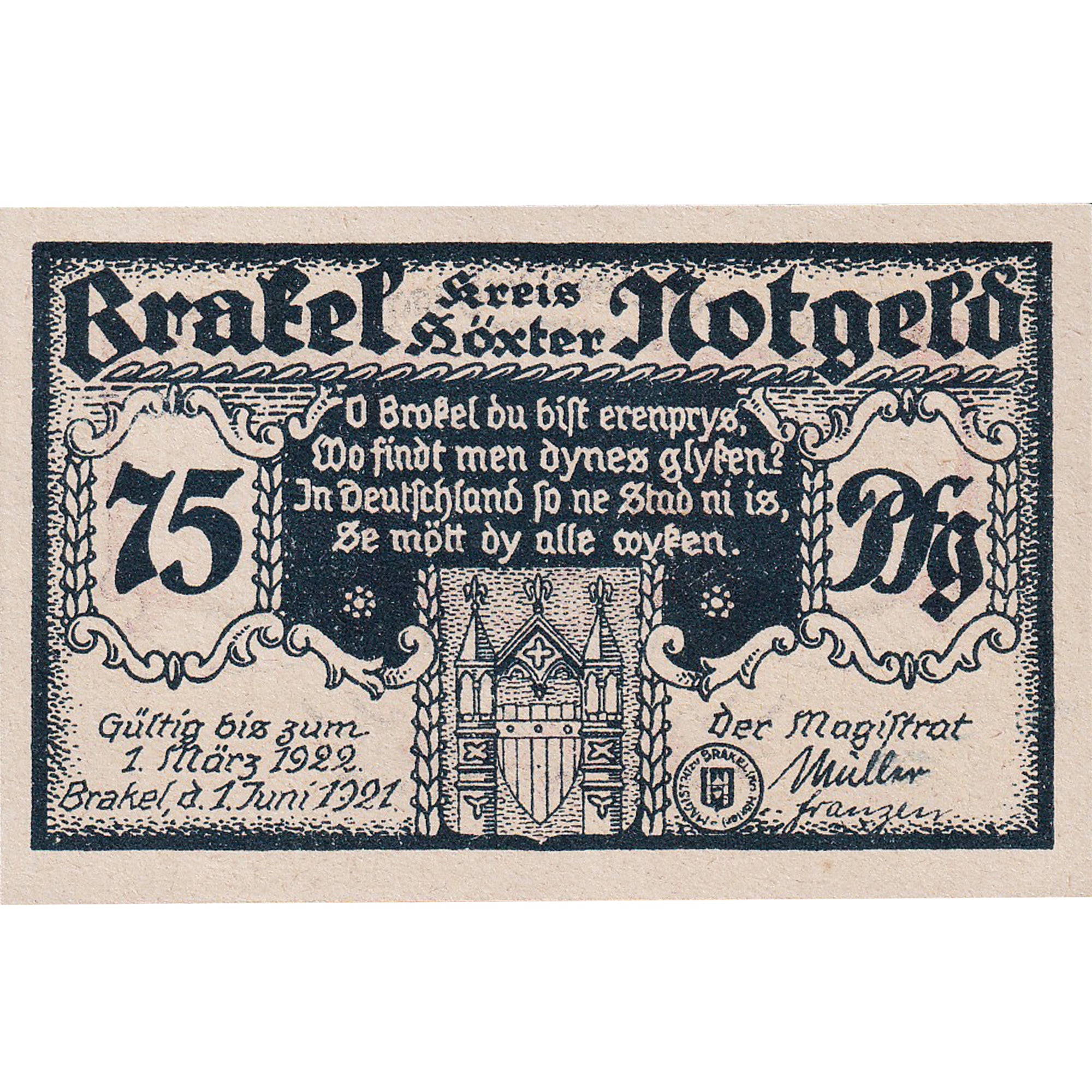 Geldschein, Deutschland, Brakel, 75 Pfennig, Monument 1921-06-01 UNZ- Mehl:150.1