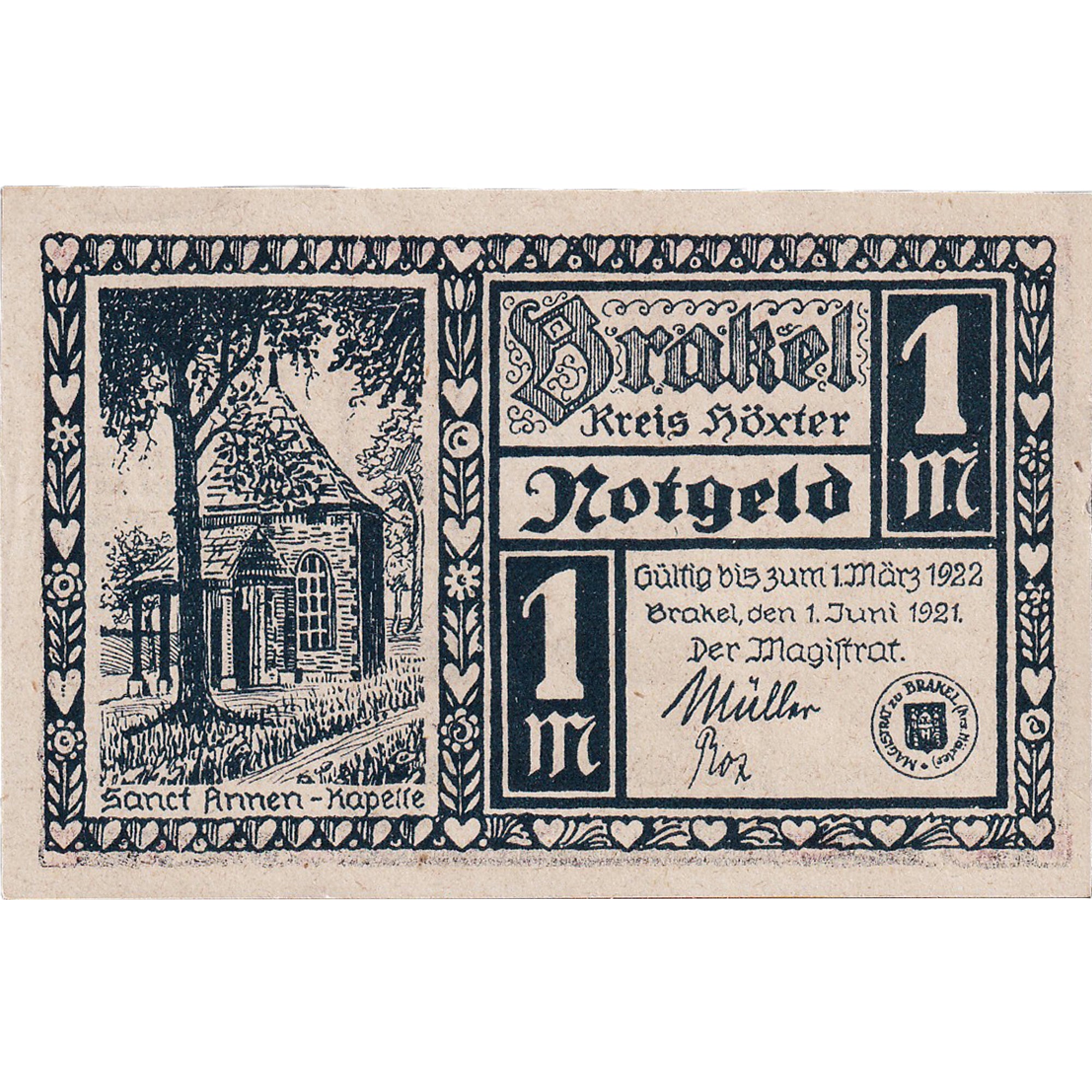 Geldschein, Deutschland, Brakel, 1 Mark, Eglise 1921-06-01, UNZ- Mehl:150.1