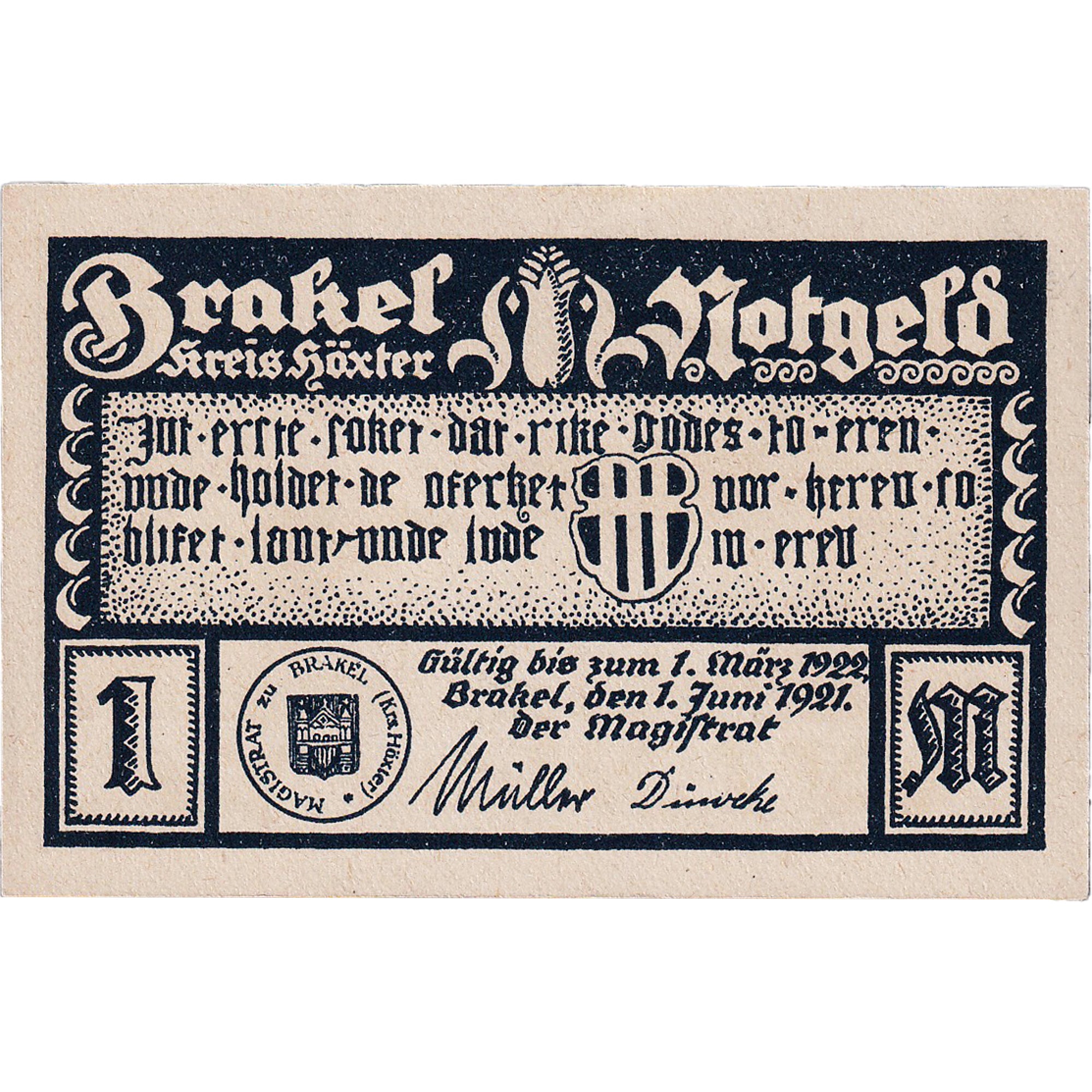 Banknot, Niemcy, Brakel, 1 Mark, village, 1921, 1921-06-01, UNC(63), Mehl:150.1