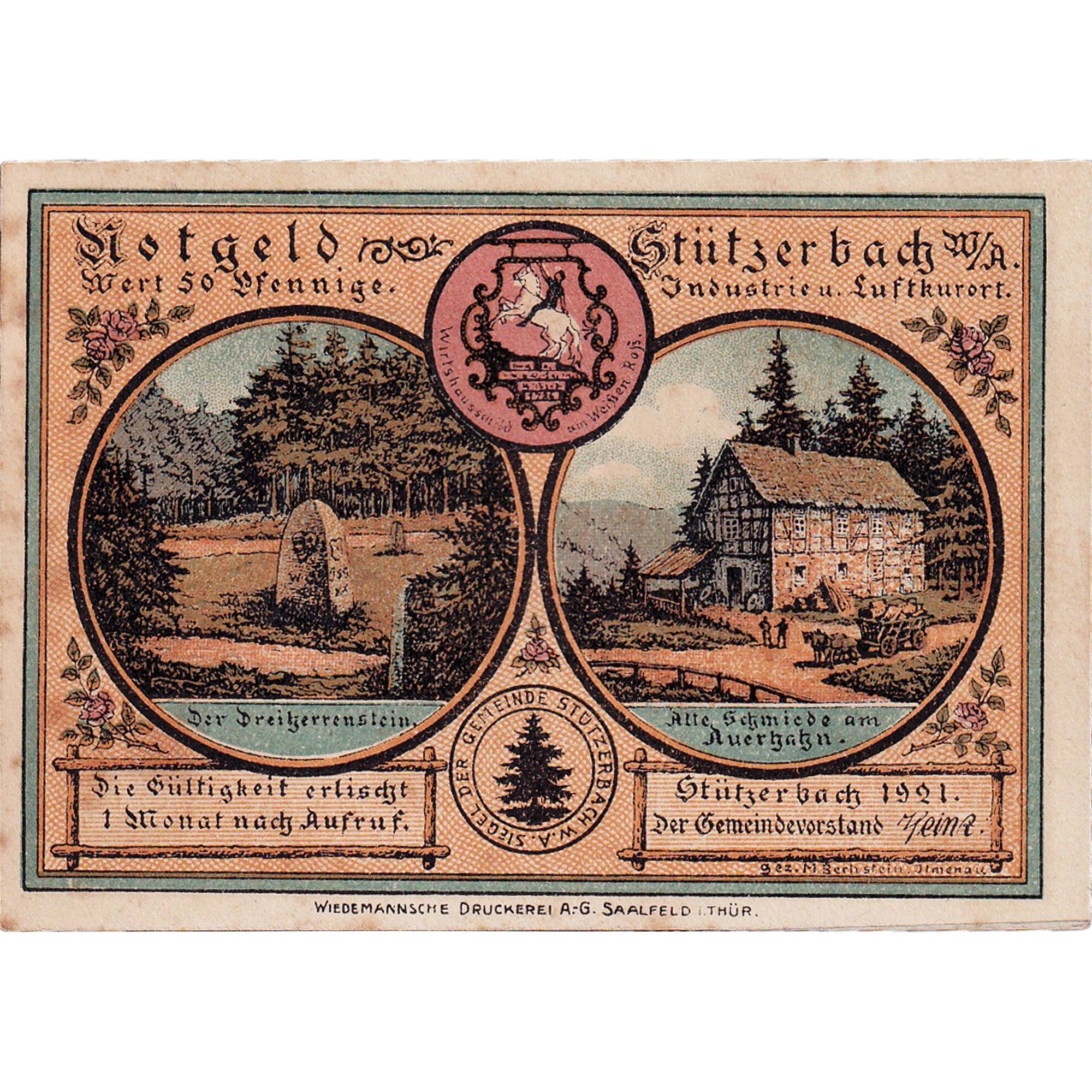 Geldschein, Deutschland, Stützerbach, 50 Pfennig, Blason, 1921, VZ, Mehl:1287.1