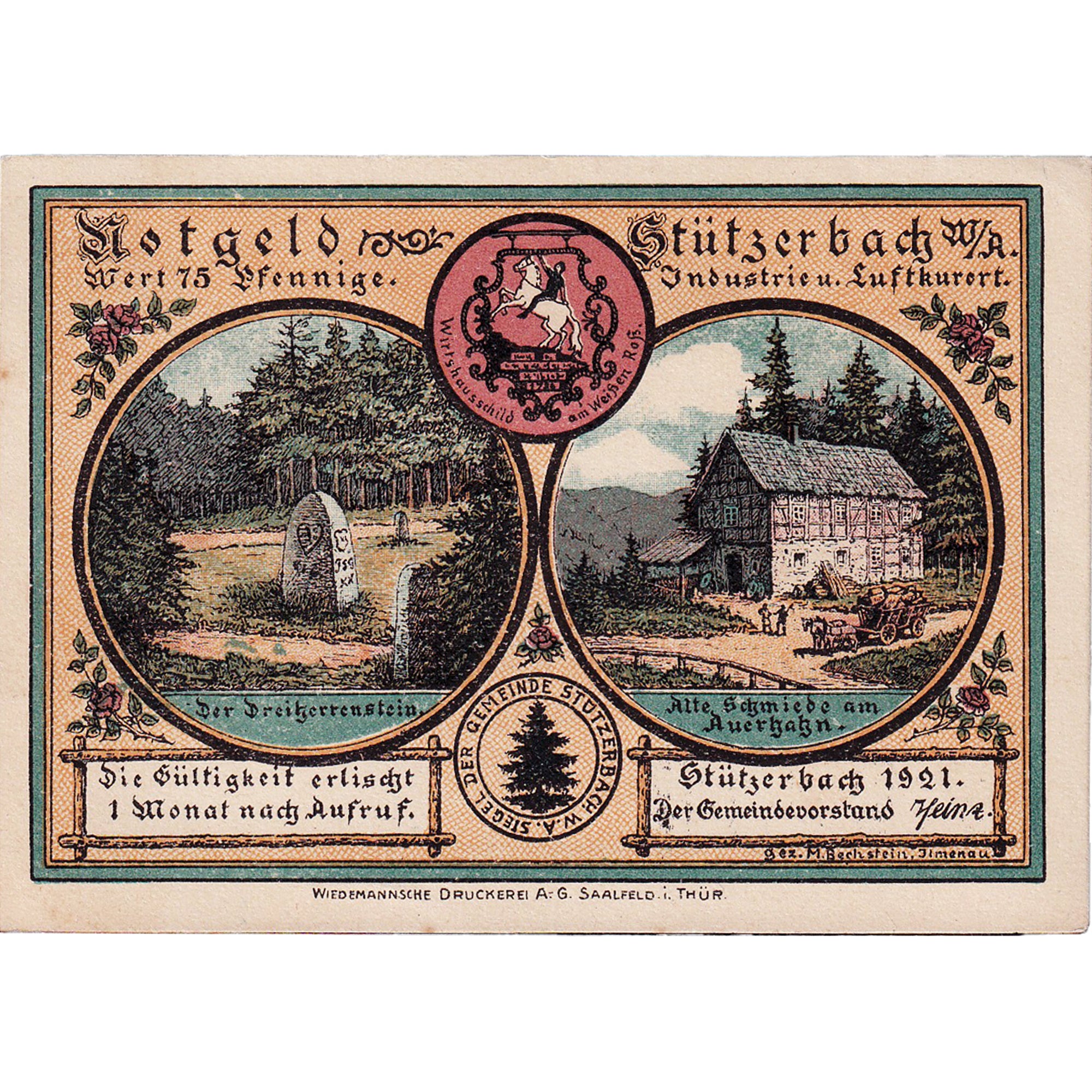 Geldschein, Deutschland, Stützerbach, 75 Pfennig, Forêt, 1921, UNZ- Mehl:1287.1