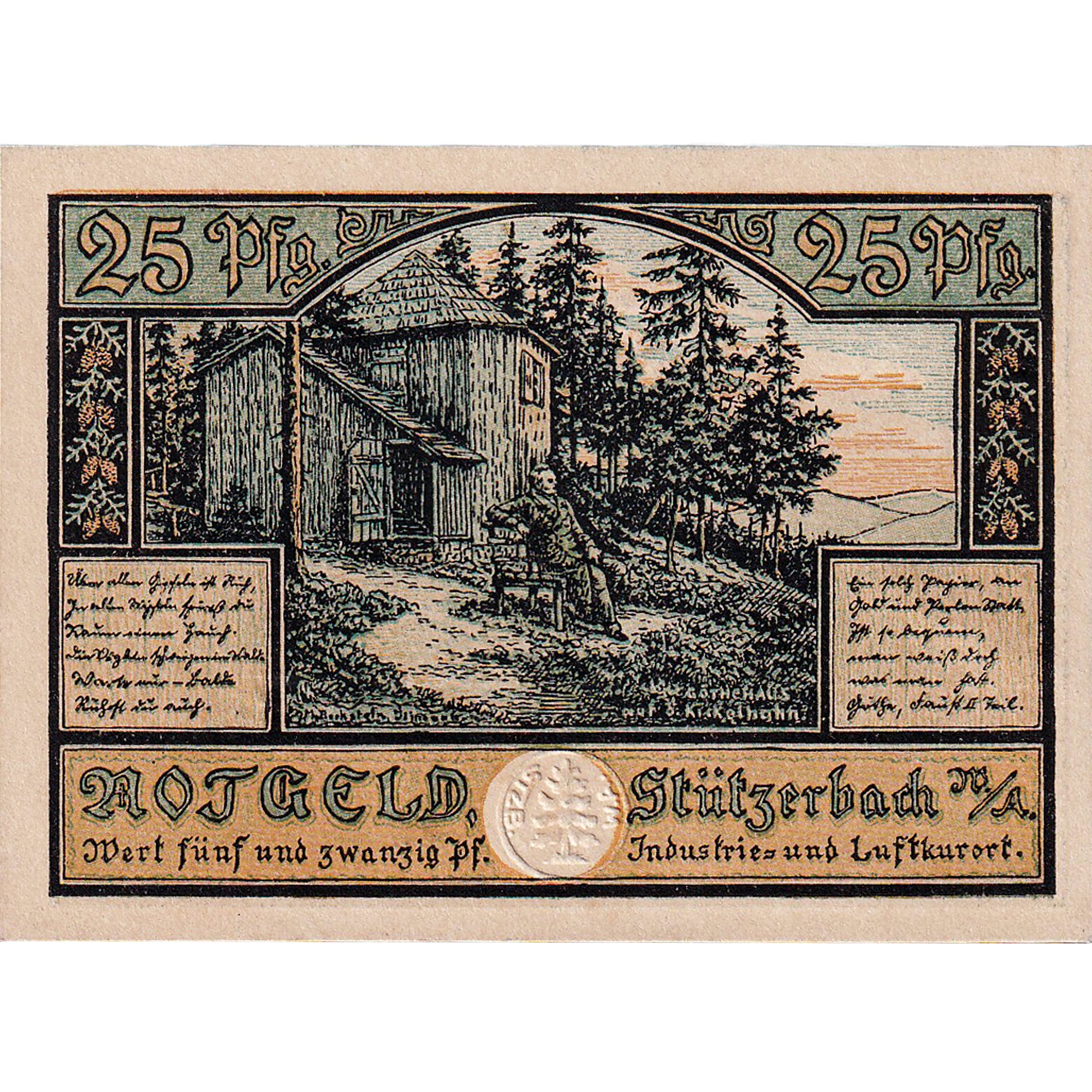 Geldschein, Deutschland, Stützerbach 25 Pfennig montagne 1921, UNZ- Mehl:1287.3