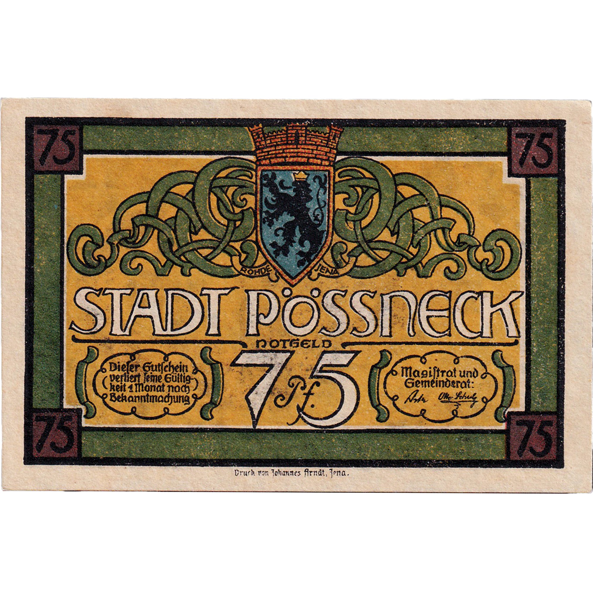 Geldschein, Deutschland, Possneck, 75 Pfennig, Blason, 1921, VZ+, Mehl:1066.2
