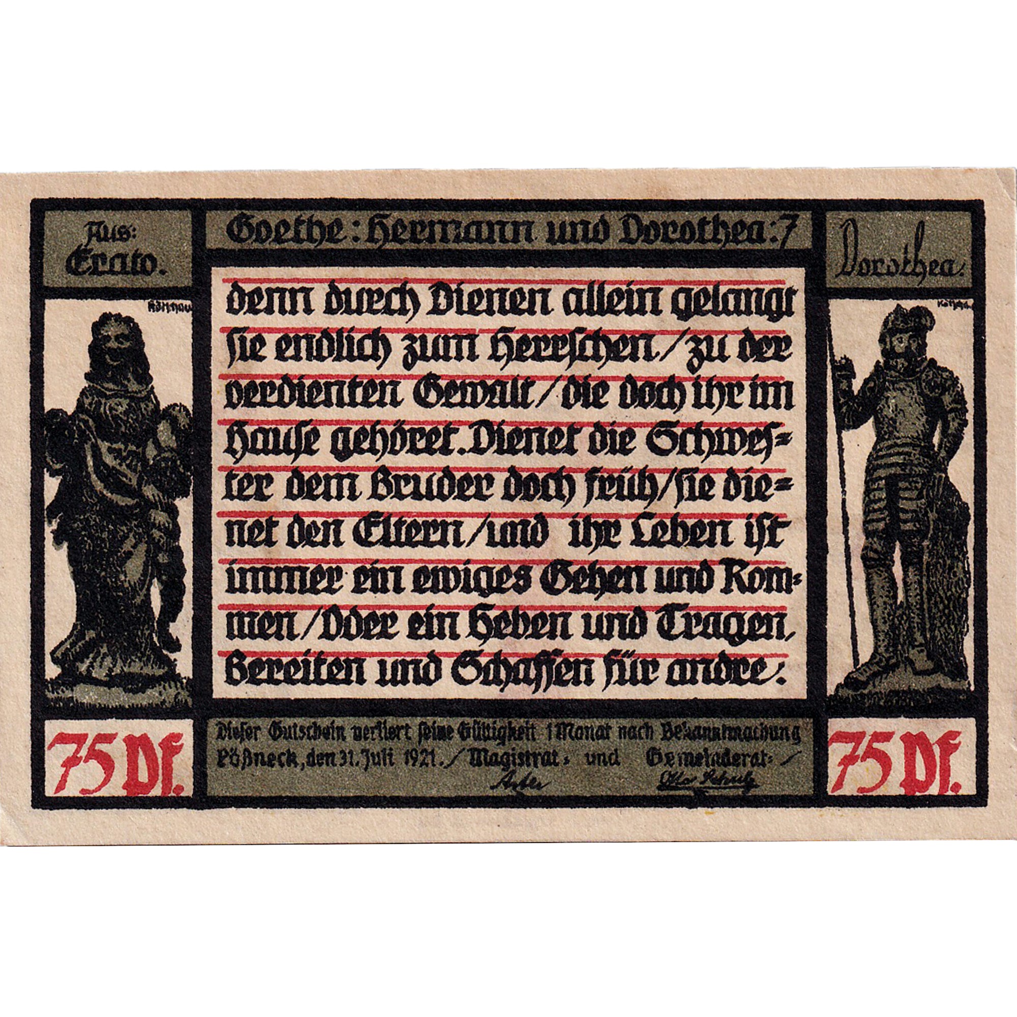 Banknot, Niemcy, Possneck, 75 Pfennig, statue, 1921, UNC(63), Mehl:1066.6
