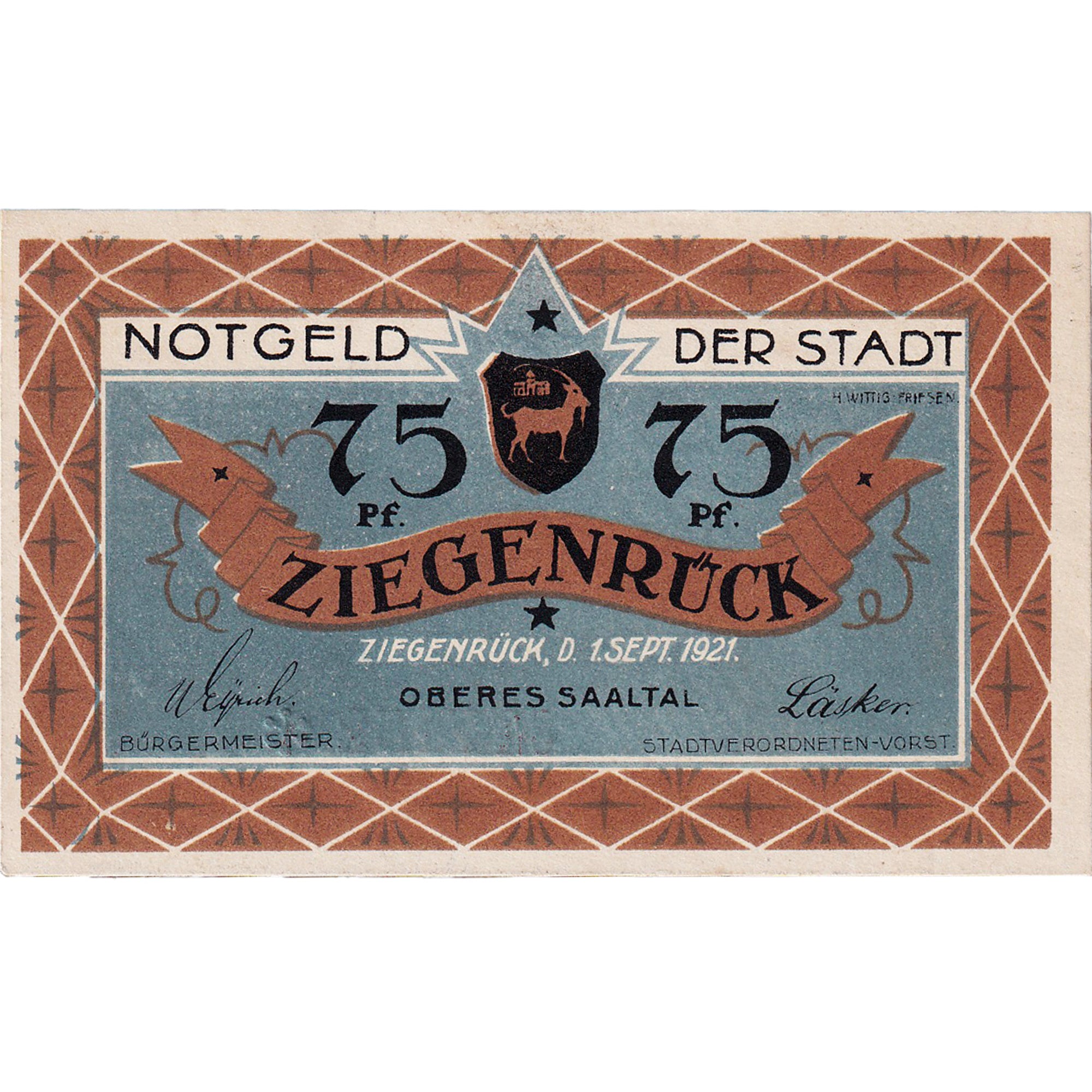 Banknote, Germany, Ziegenrück, 75 Pfennig, paysage, 1921 UNC(63) Mehl:1472.1a