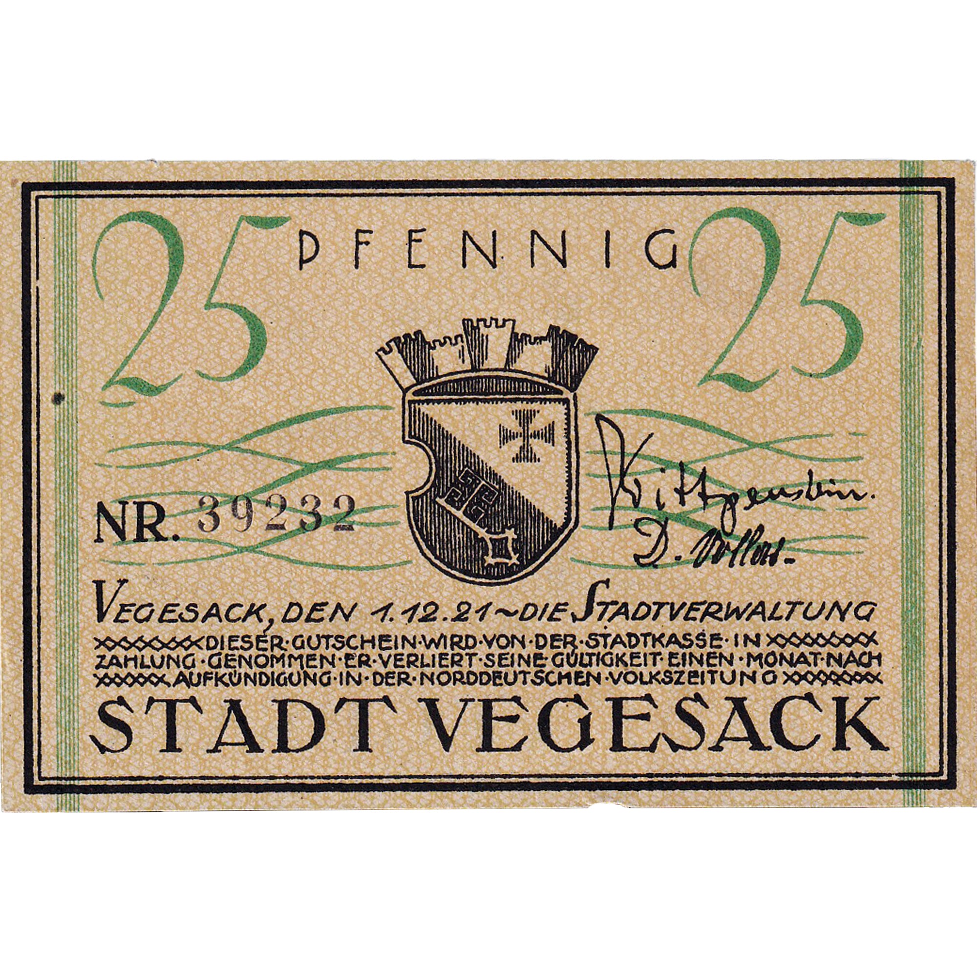 Banknot, Niemcy, Vegesack, 25 Pfennig, Blason 1921-12-01, UNC(63) Mehl:1359.2