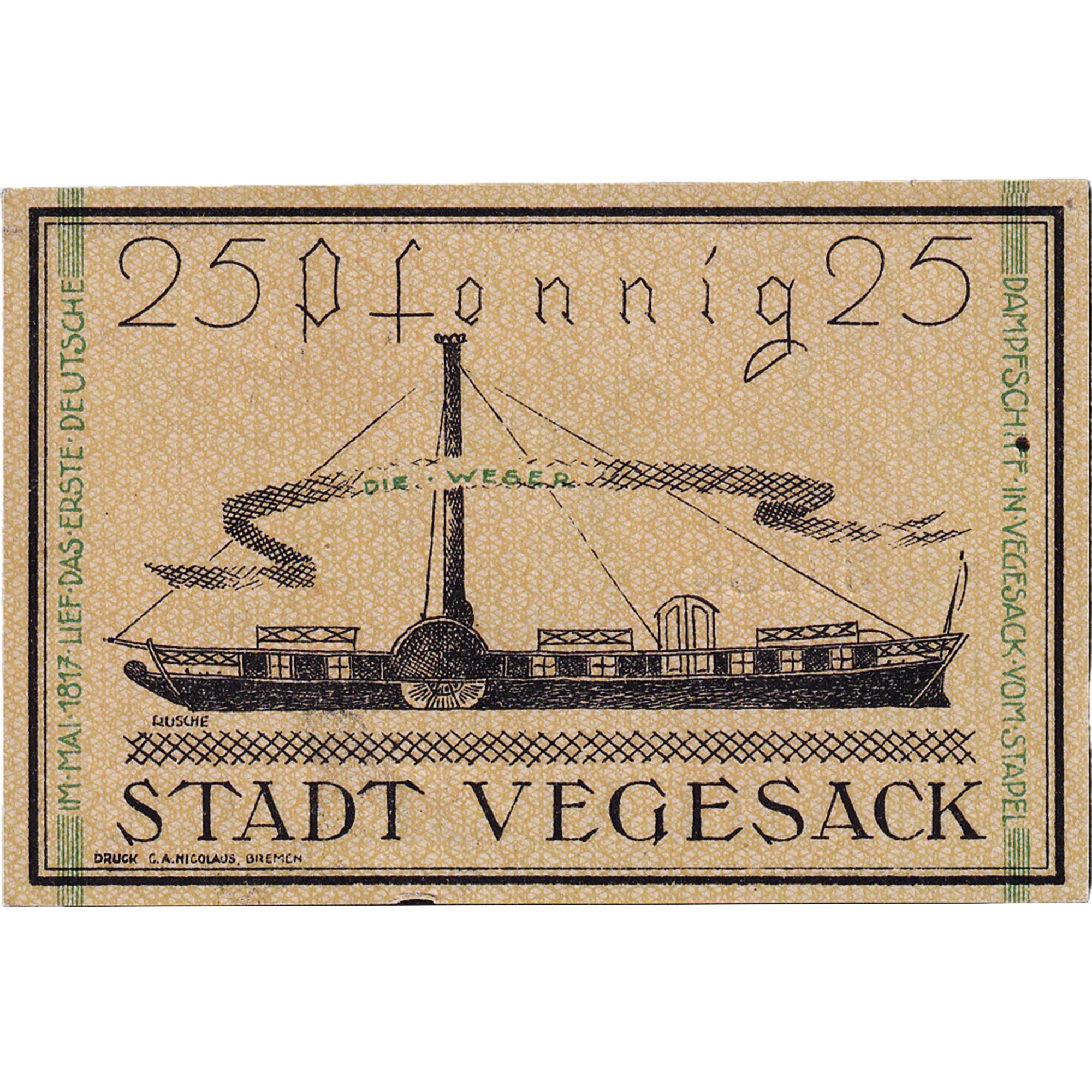Banknot, Niemcy, Vegesack, 25 Pfennig, Blason 1921-12-01, UNC(63) Mehl:1359.2