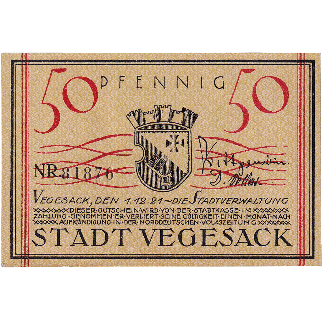Geldschein, Deutschland, Vegesack, 50 Pfennig, Eglise 1921 UNZ- Mehl:1359.2
