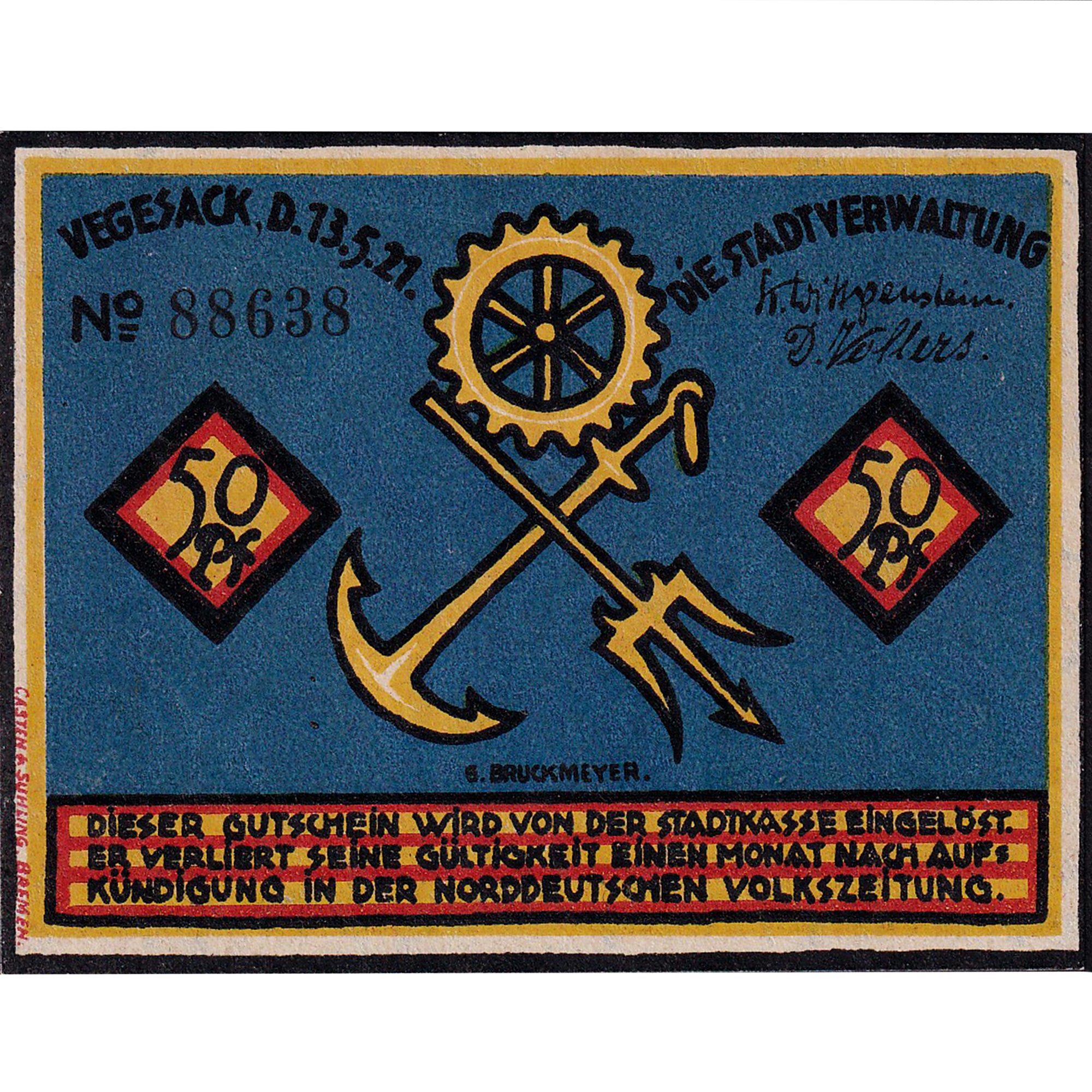 Banknot, Niemcy, Vegesack, 50 Pfennig, mer 1921-05-13, UNC(63) Mehl:1359.1a