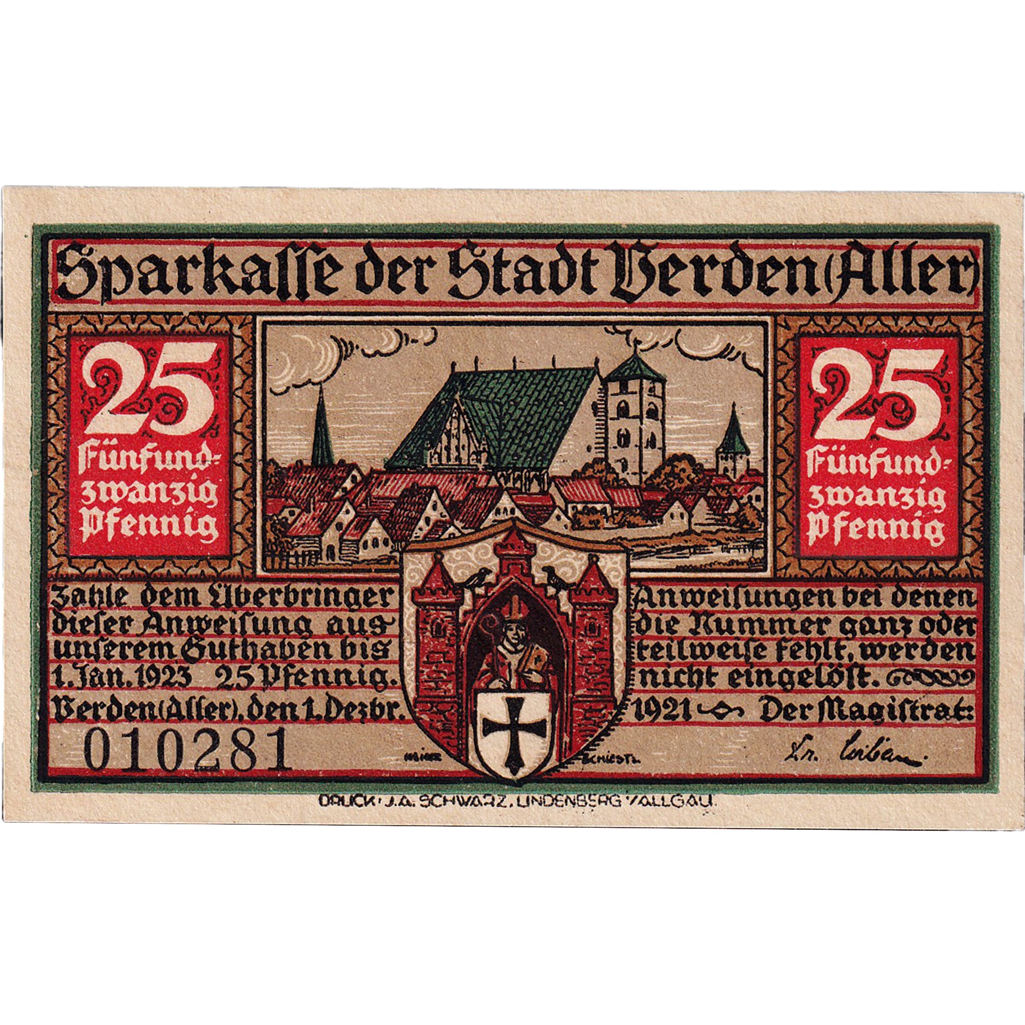 Geldschein, Deutschland, Verden, 25 Pfennig, personnage, 1923 UNZ- Mehl:1360.1