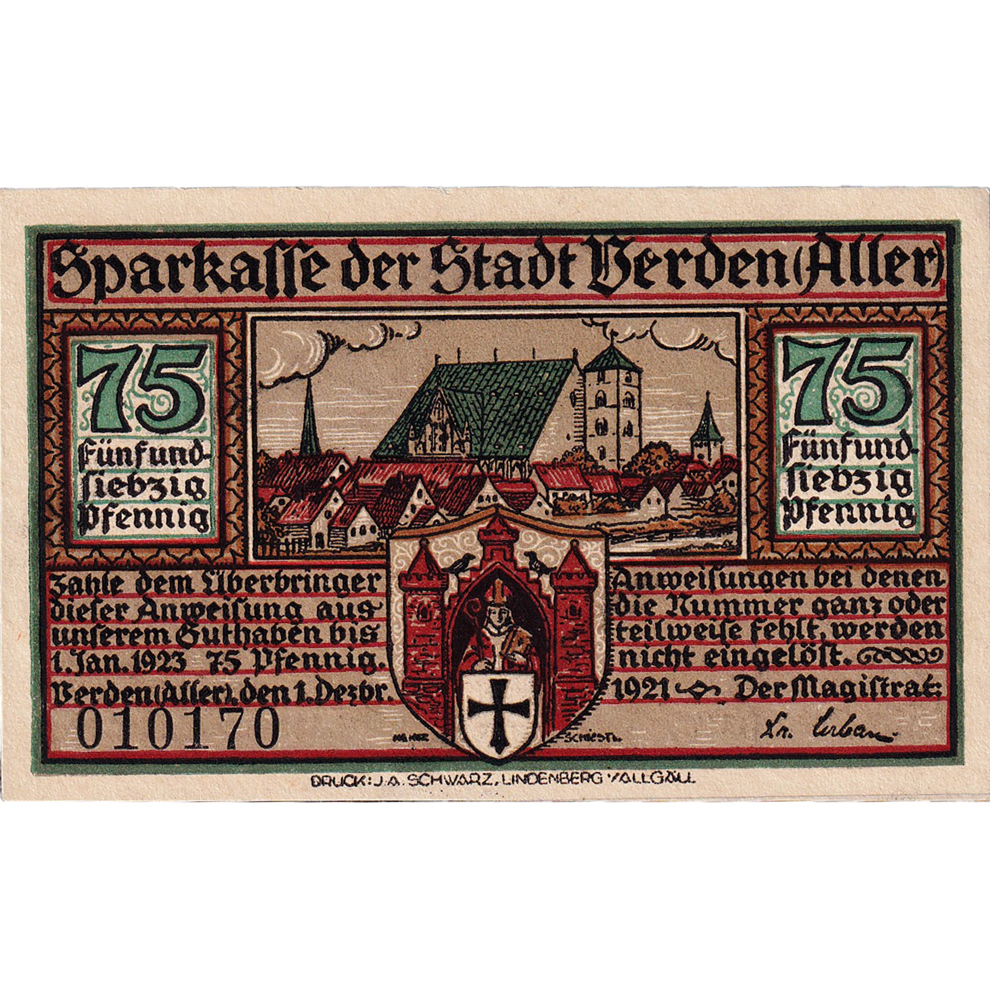 Geldschein, Deutschland, Verden, 75 Pfennig, Blason 1923-01-01, UNZ- Mehl:1360.1