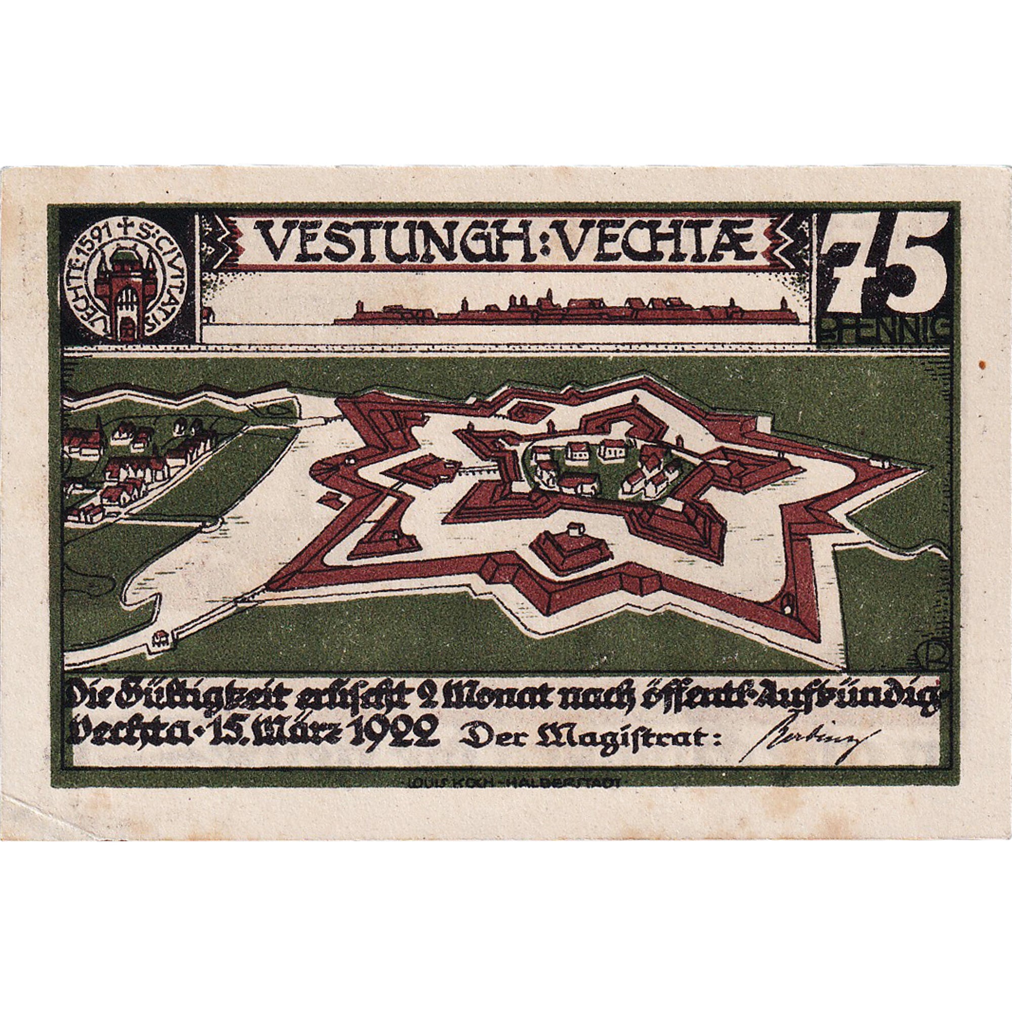 Banknot, Niemcy, Vechta, 75 Pfennig, rempart 1922-03-15, UNC(63) Mehl:1358.1