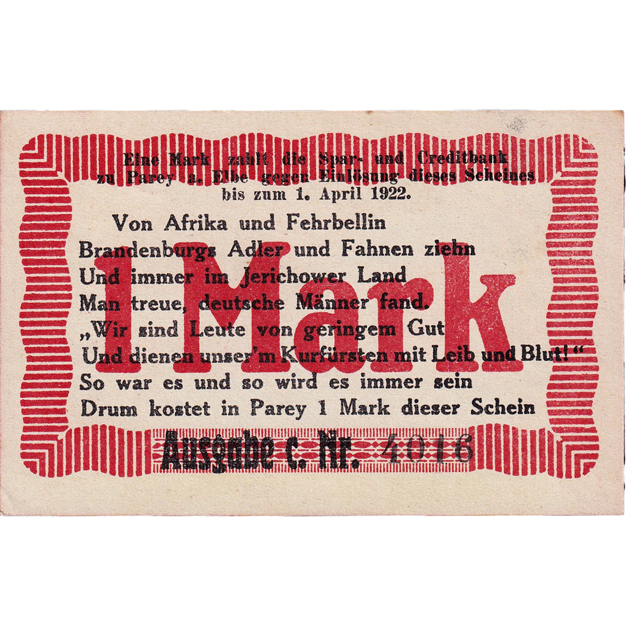 Banknot, Niemcy, Sonnen, 1 Mark, portrait, 1921, UNC(63), Mehl:1047.6