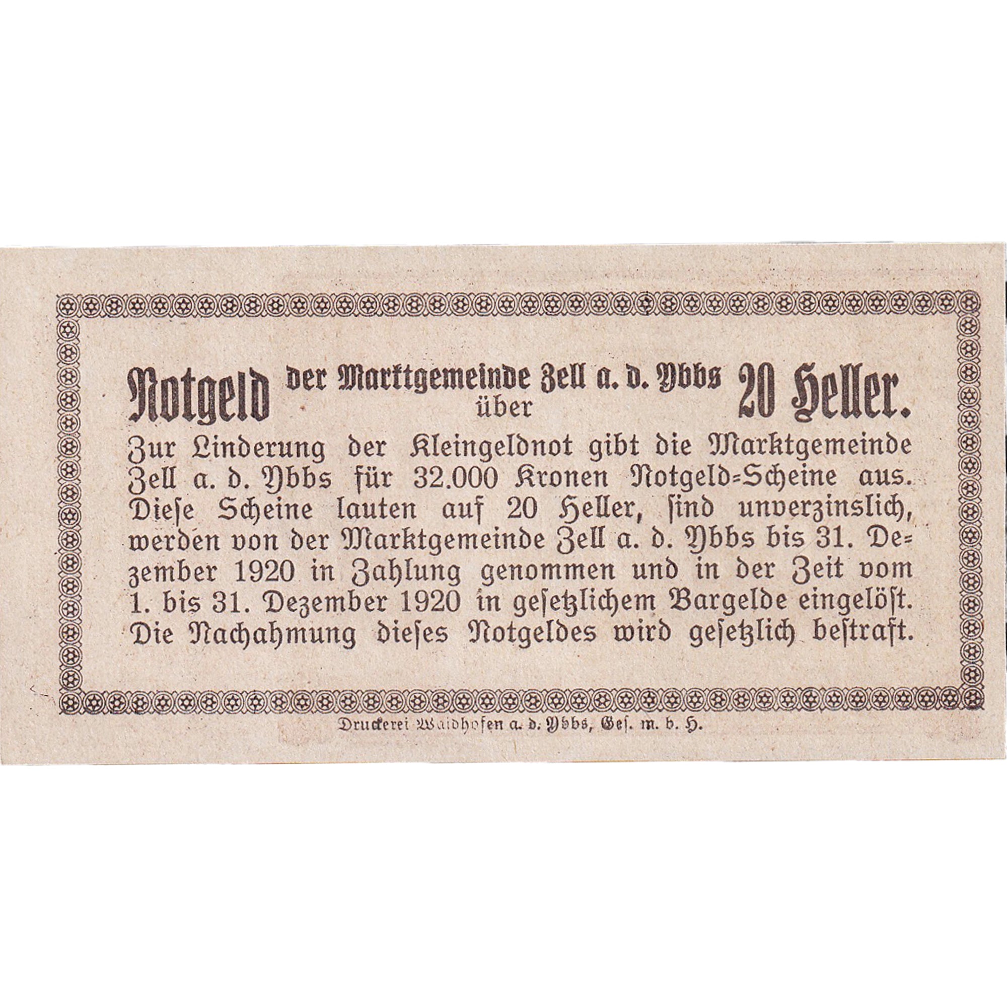 Banconote, Austria, Zell a/d Ybbs, 20 Heller, Eglise, 1920 SPL Mehl:FS 1272aC