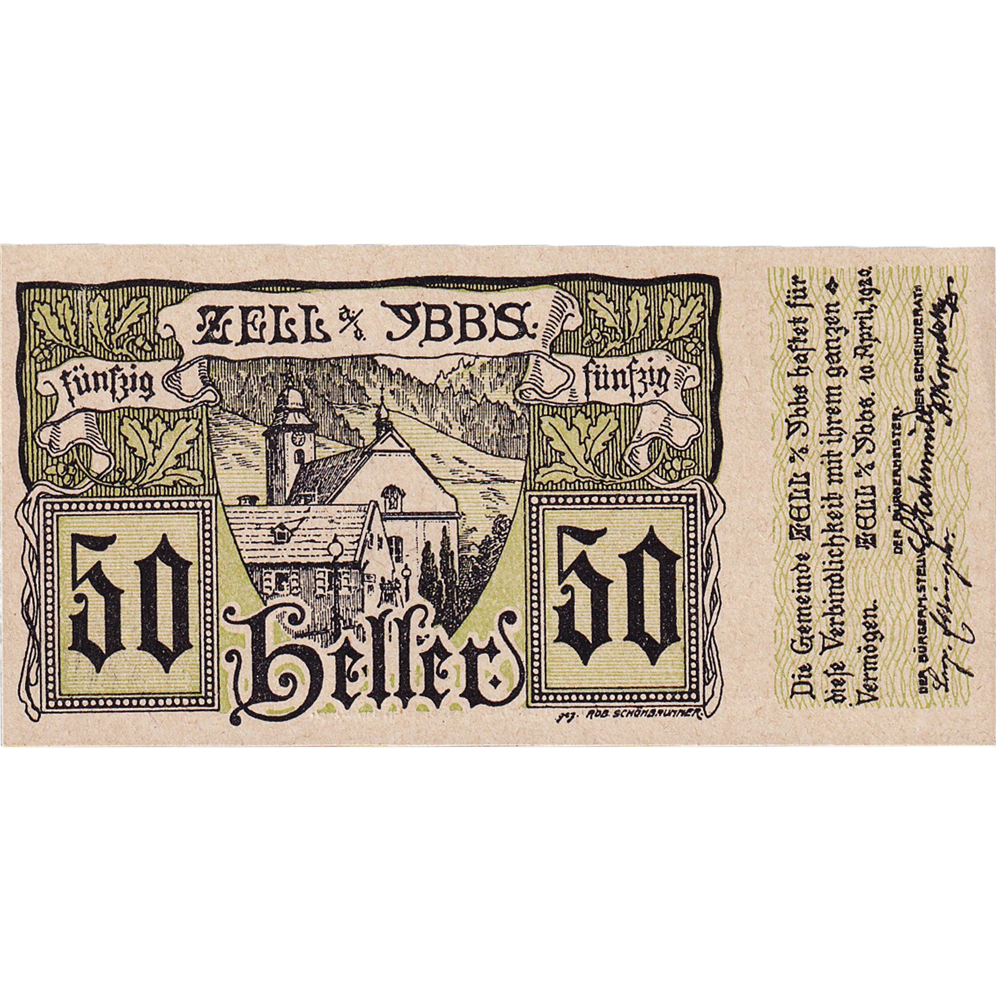 Banconote, Austria, Zell a/d Ybbs, 50 Heller, village, 1920 SPL Mehl:FS 1272aC