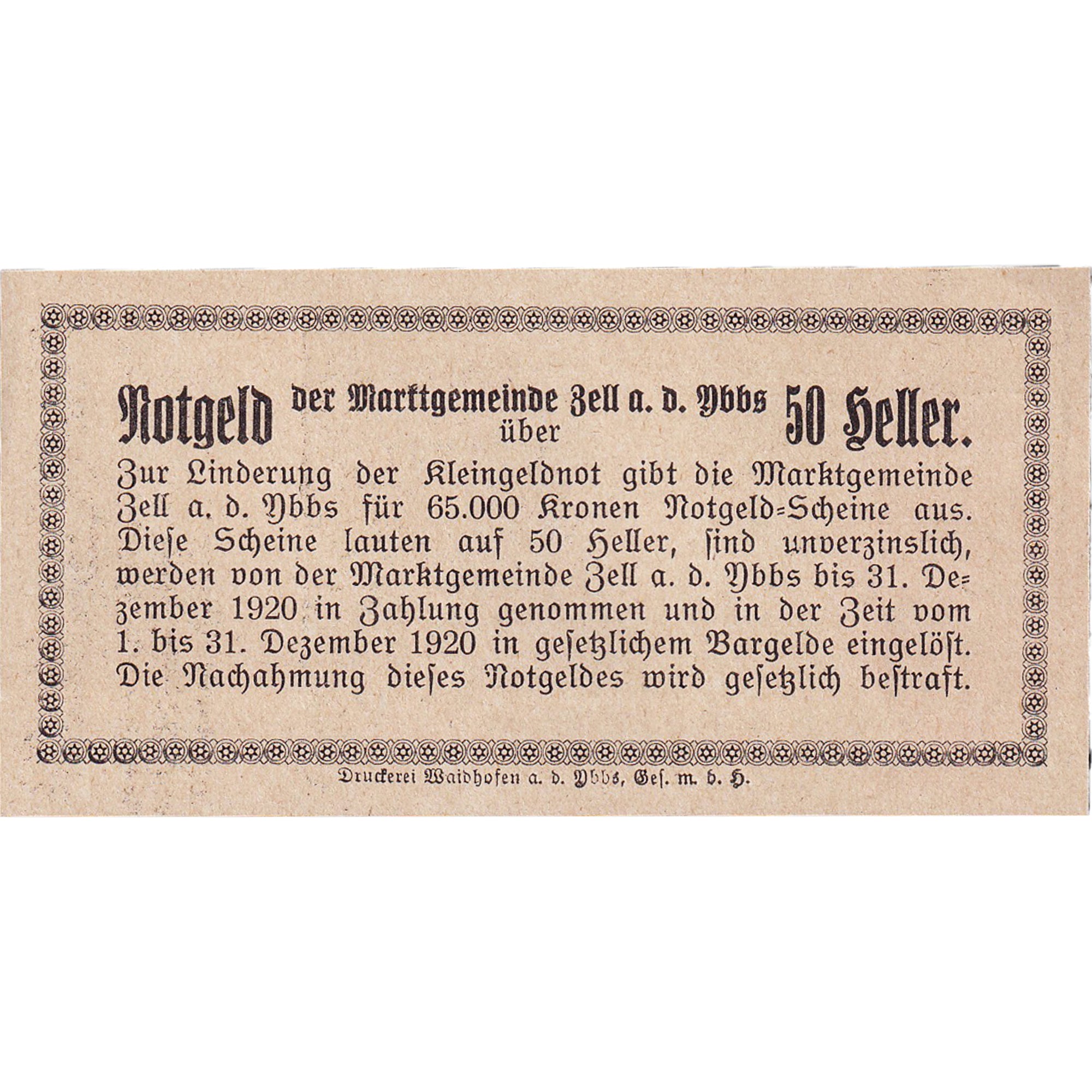 Banconote, Austria, Zell a/d Ybbs, 50 Heller, village, 1920 SPL Mehl:FS 1272aC