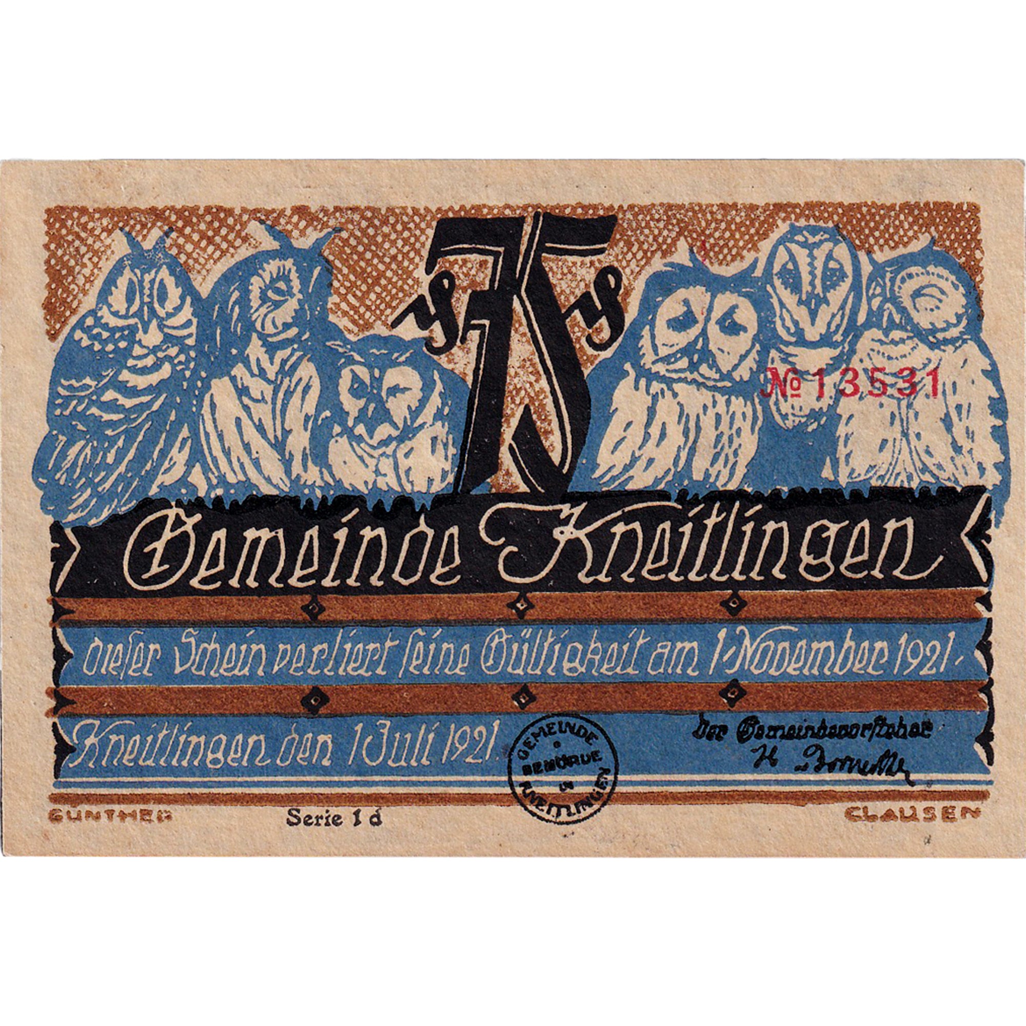 Banconote, Germania, Kneitlingen, 75 Pfennig, hibou, 1921 SPL Mehl:710.1a