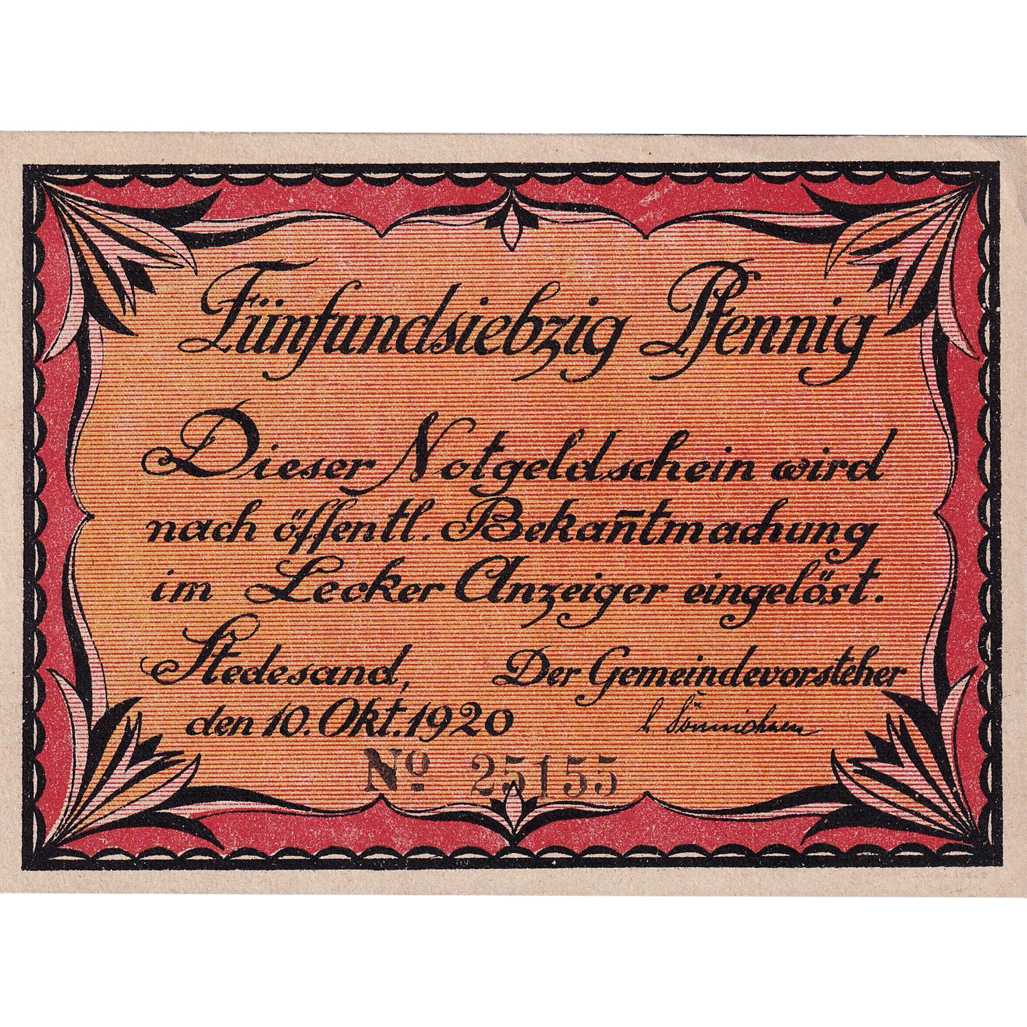 Banknot, Niemcy, Stedesand, 75 Pfennig, cuisine, 1920 UNC(63) Mehl:1259.1c