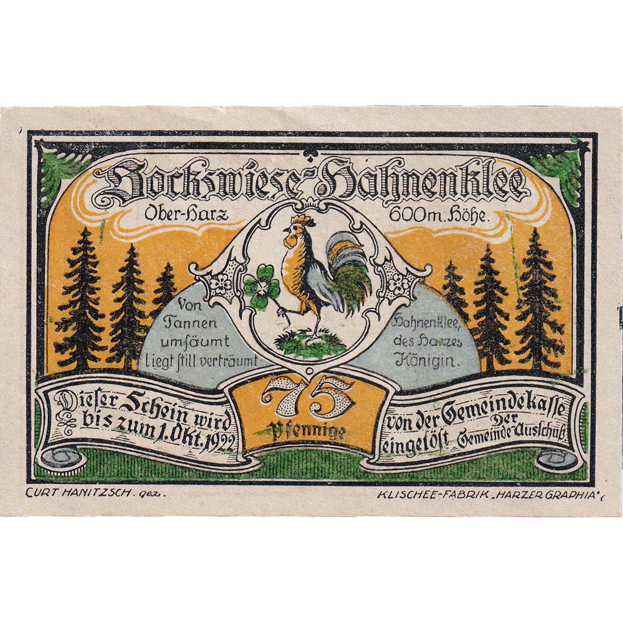 Banconote, Germania, Bockswiese, 75 Pfennig, skieur, 1922 SPL Mehl:131.1