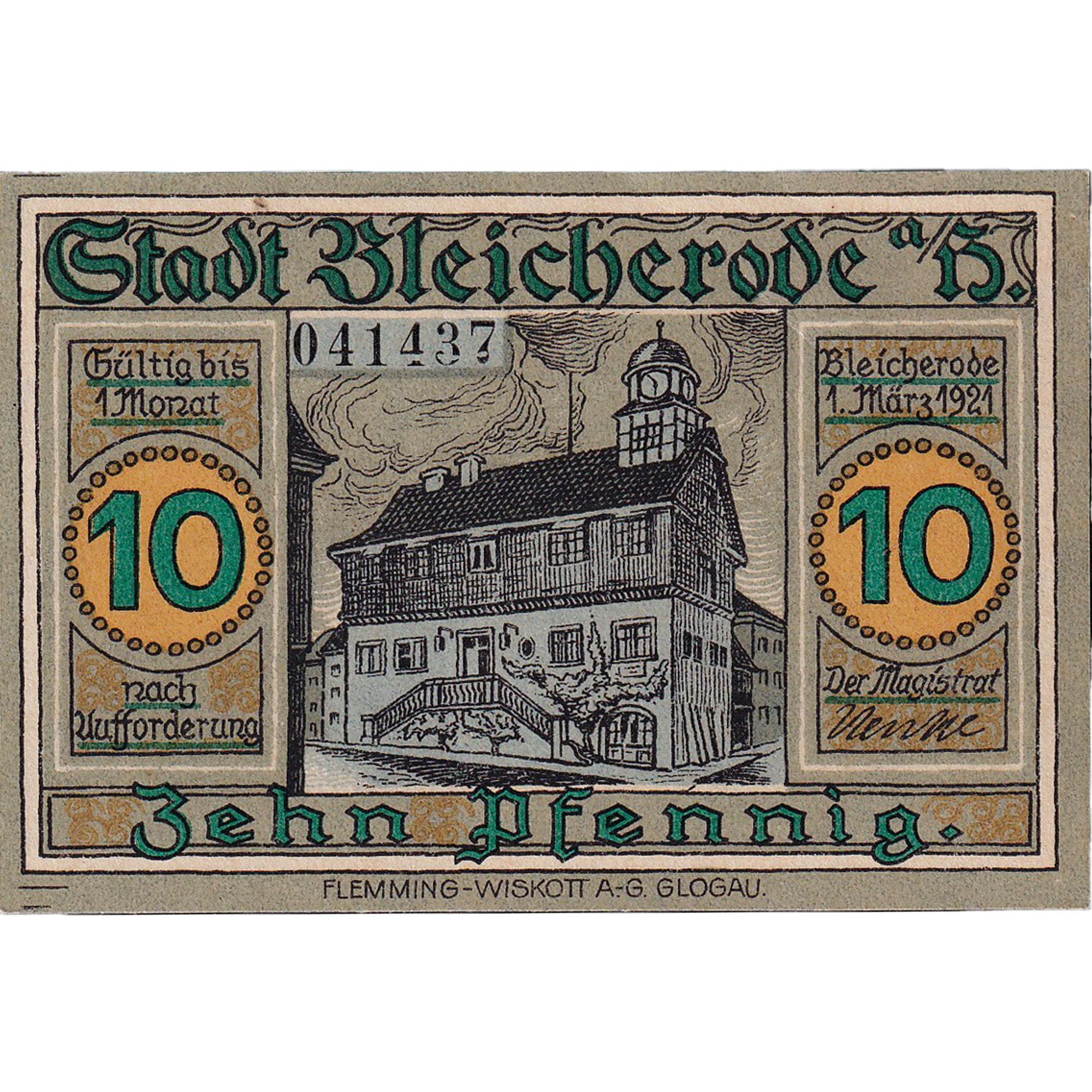 Banconote, Germania, Bleicherode, 10 Pfennig, mairie, 1921 SPL Mehl:119.1