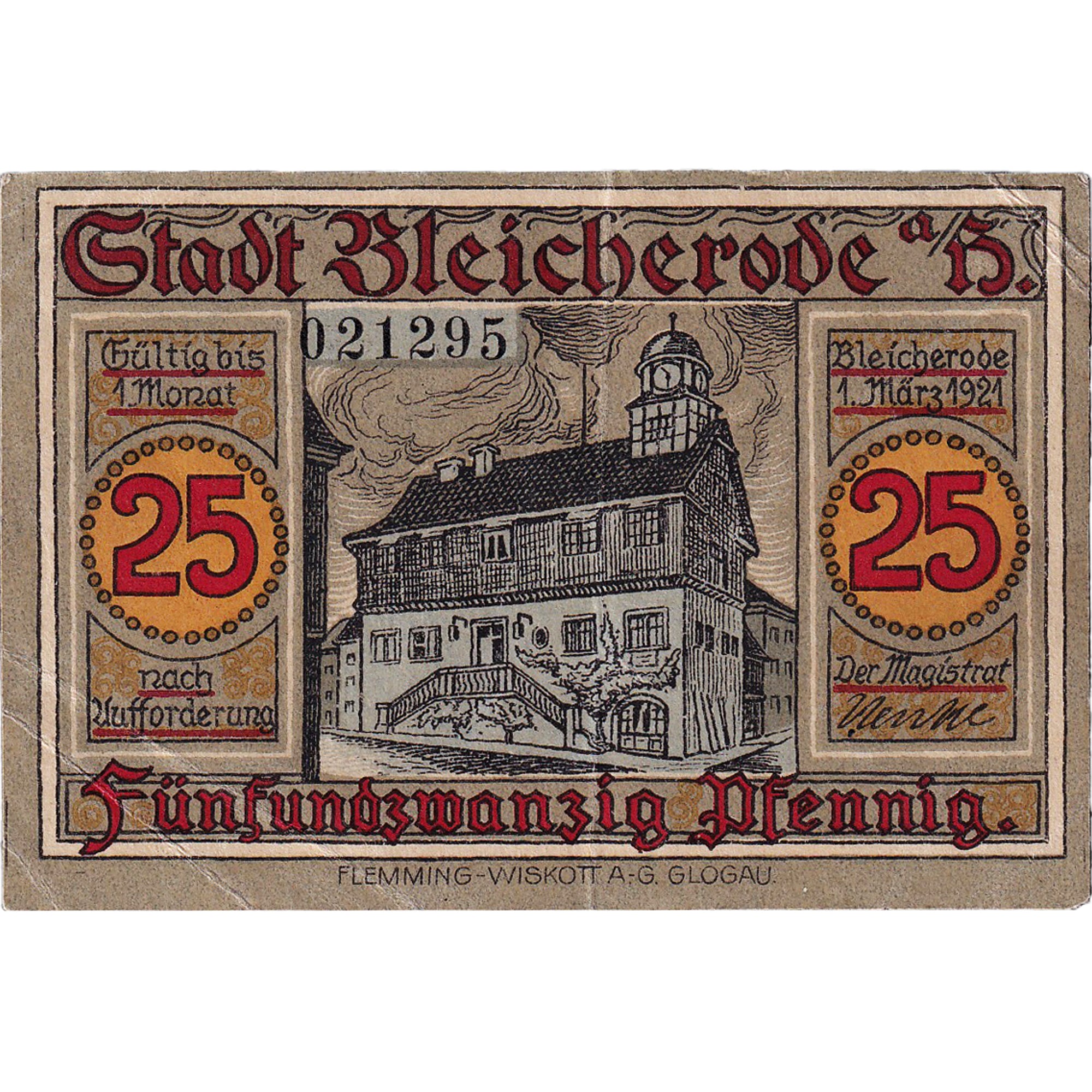 Banknot, Niemcy, Bleicherode, 25 Pfennig, chevalier 1921 UNC(63) Mehl:119.1