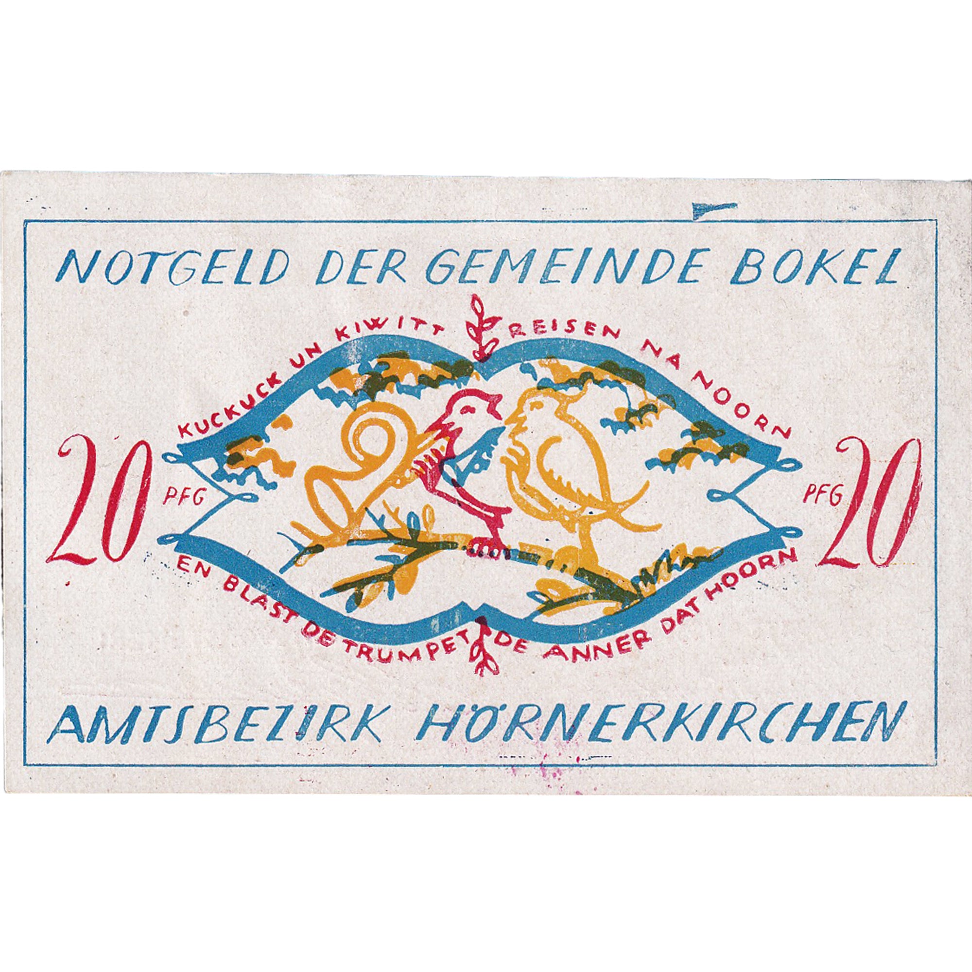Banknot, Niemcy, Bokel, 20 Pfennig, oiseau 1921-12-31, UNC(63) Mehl:135.1a