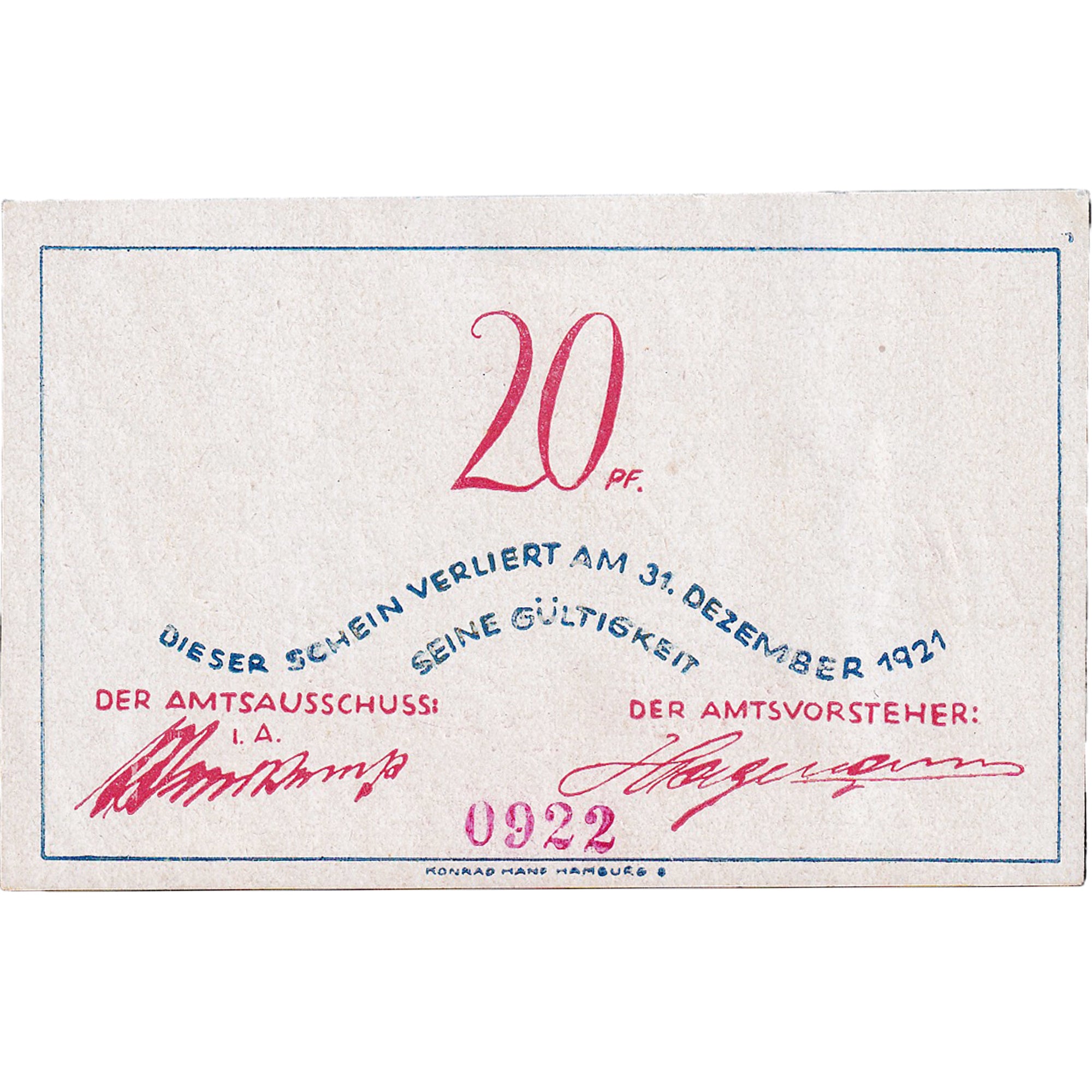 Banknot, Niemcy, Bokel, 20 Pfennig, oiseau 1921-12-31, UNC(63) Mehl:135.1a