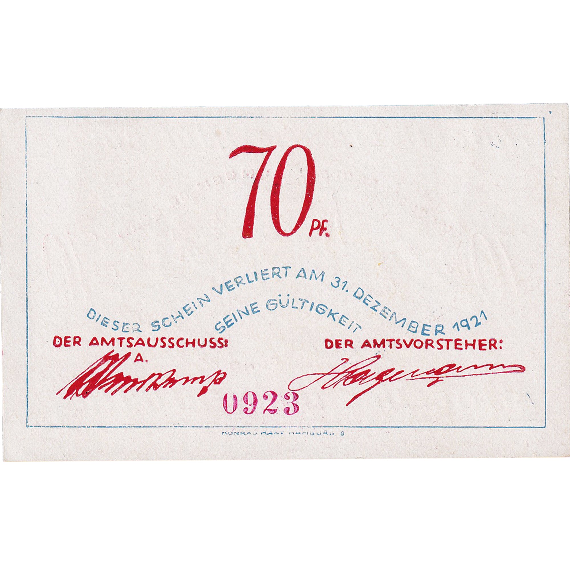 Nota, Alemanha, Bokel, 70 Pfennig, mariage, 1921-12-31, UNC(63) Mehl:135.1a