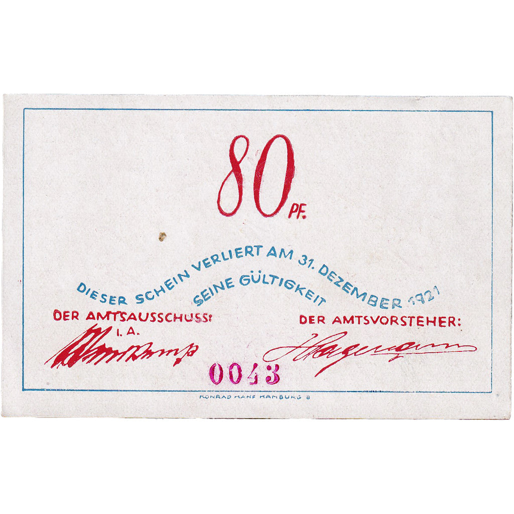 Banknot, Niemcy, Bokel, 80 Pfennig, oiseau 1921-12-31, UNC(63) Mehl:135.1a