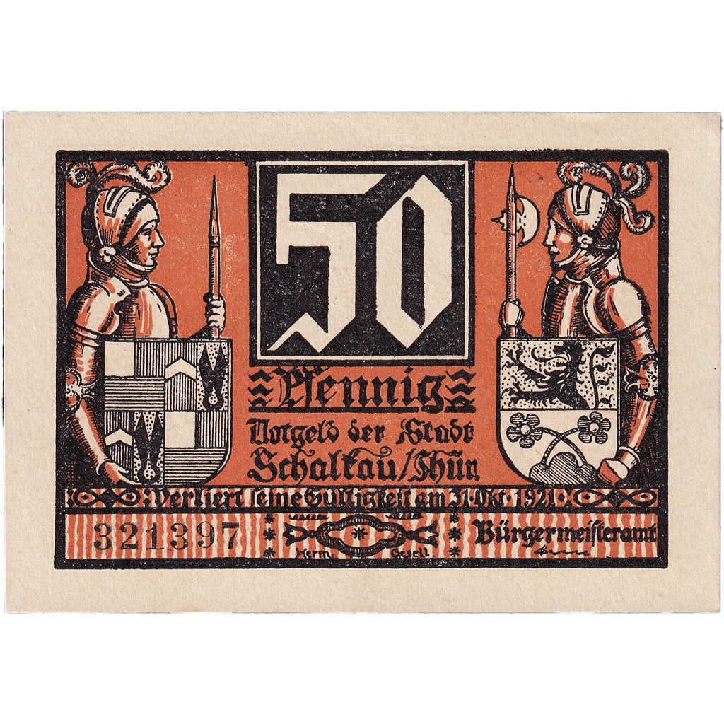 Banknot, Niemcy, Schalkau, 50 Pfennig, chevalier, 1921, UNC(63) Mehl:1171.1