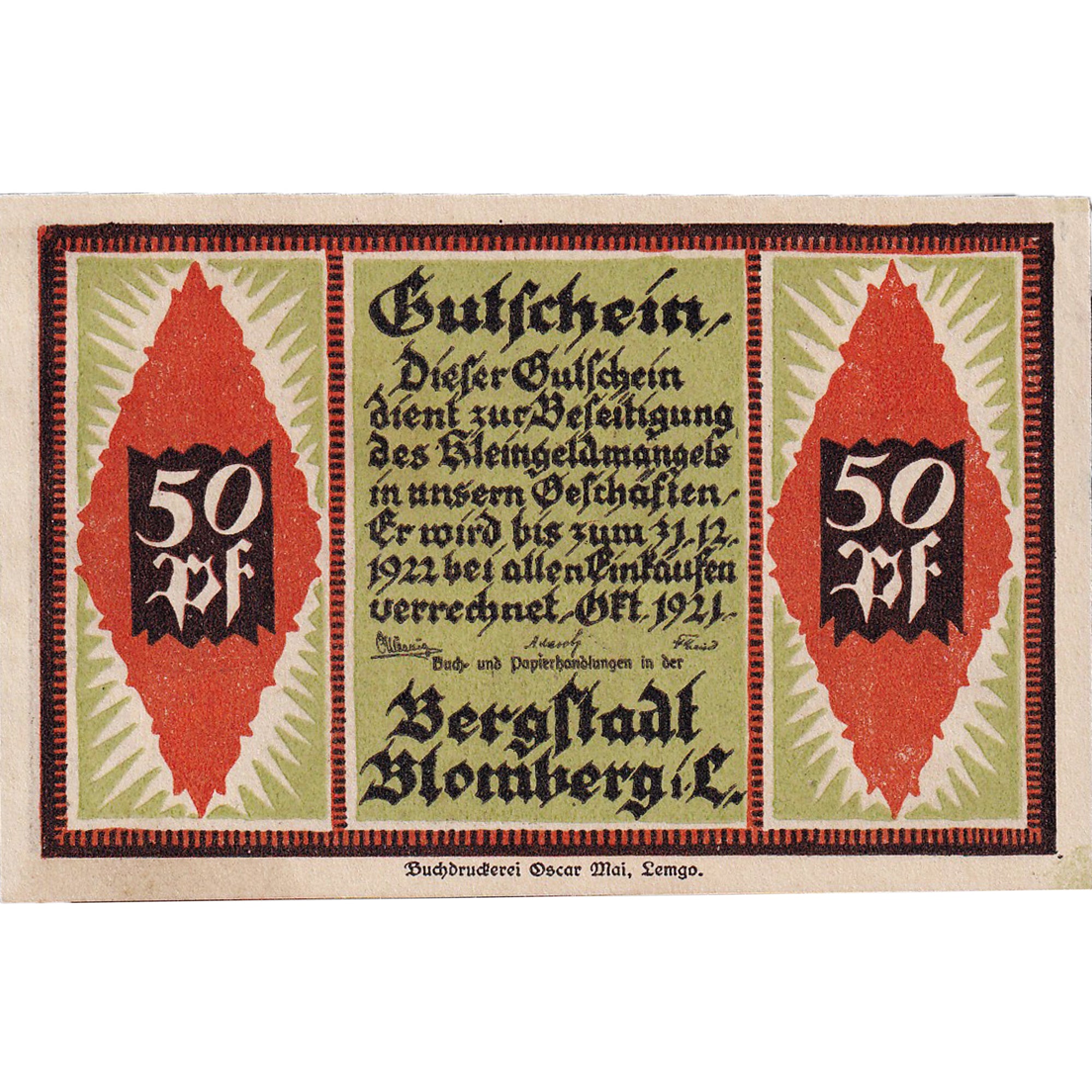 Banknote, Germany, Blomberg, 50 Pfennig, moine, 1922 UNC(63) Mehl:113.1