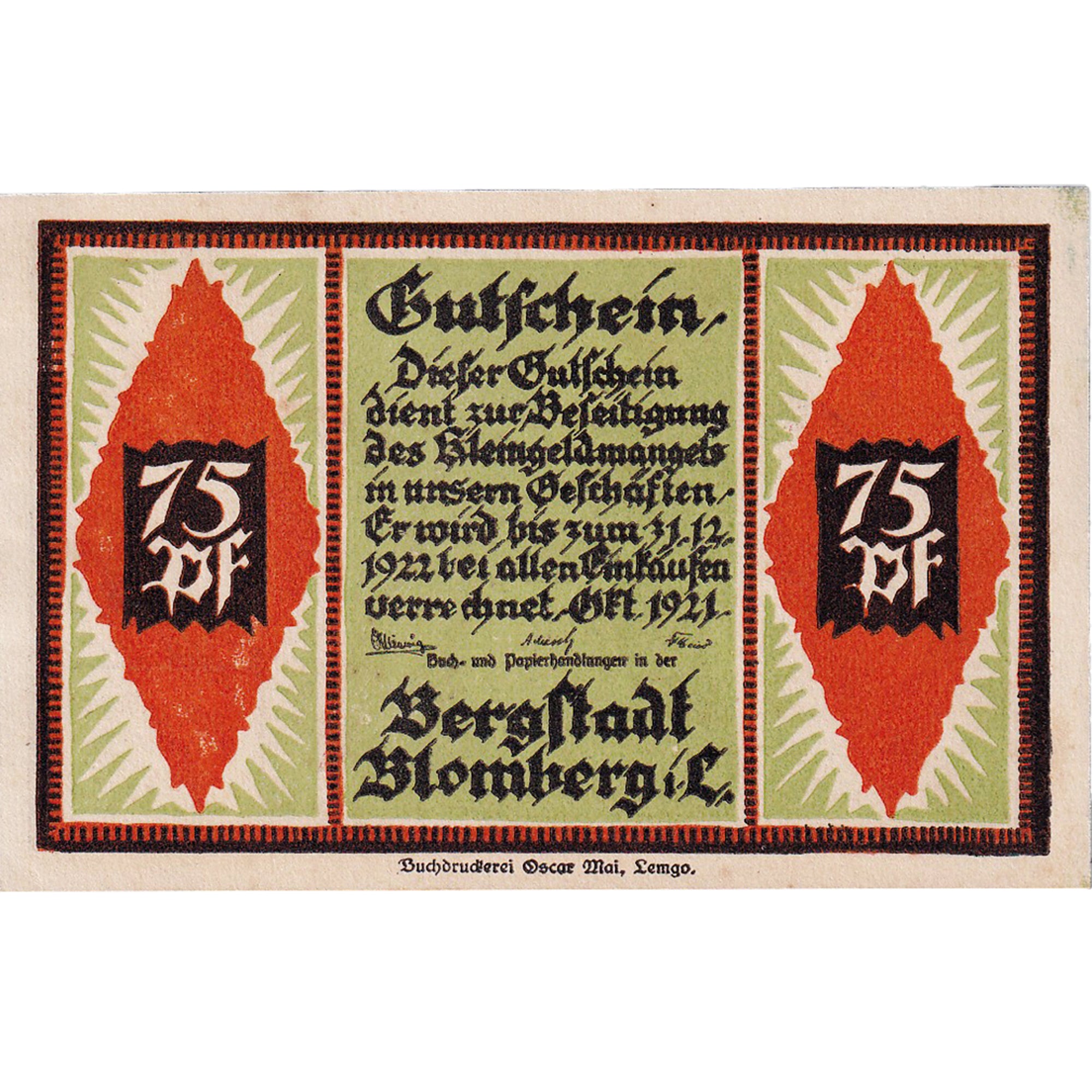 Banconote, Germania, Blomberg, 75 Pfennig, dame 1922-12-31, SPL Mehl:113.1