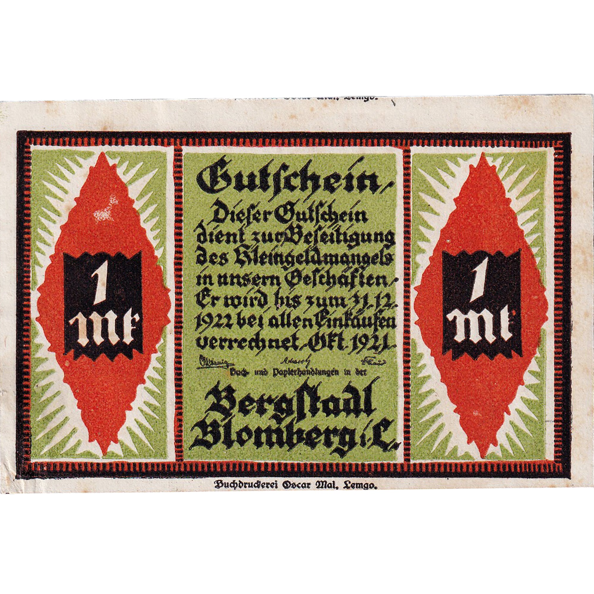 Nota, Alemanha, Blomberg, 1 Mark, feu, 1922, 1922-12-31, UNC(63), Mehl:120.1a
