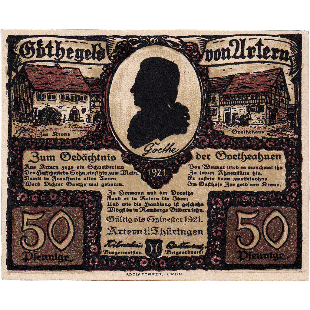 Banknot, Niemcy, Artern, 50 Pfennig, personnage, 1921, UNC(63), Mehl:46.3