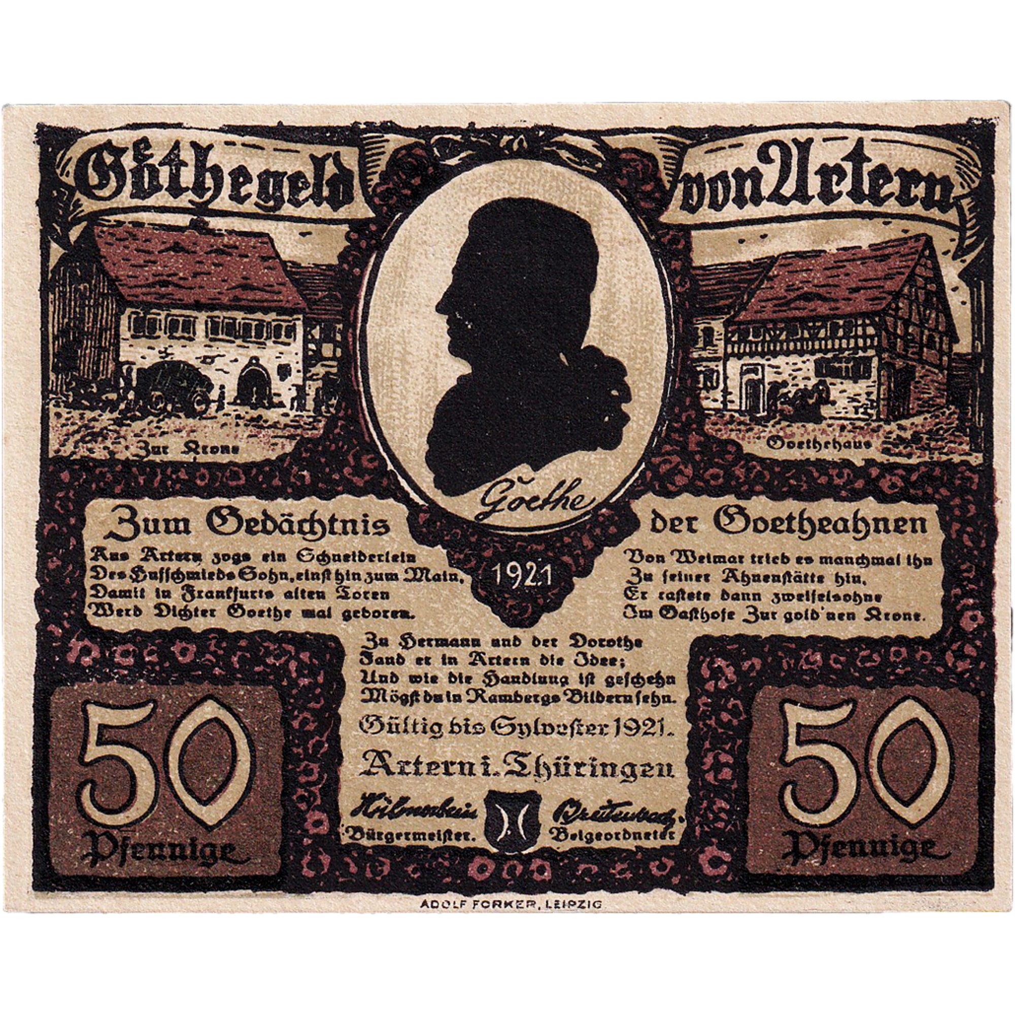 Nota, Alemanha, Artern, 50 Pfennig, personnage 1, 1921, UNC(63), Mehl:46.3