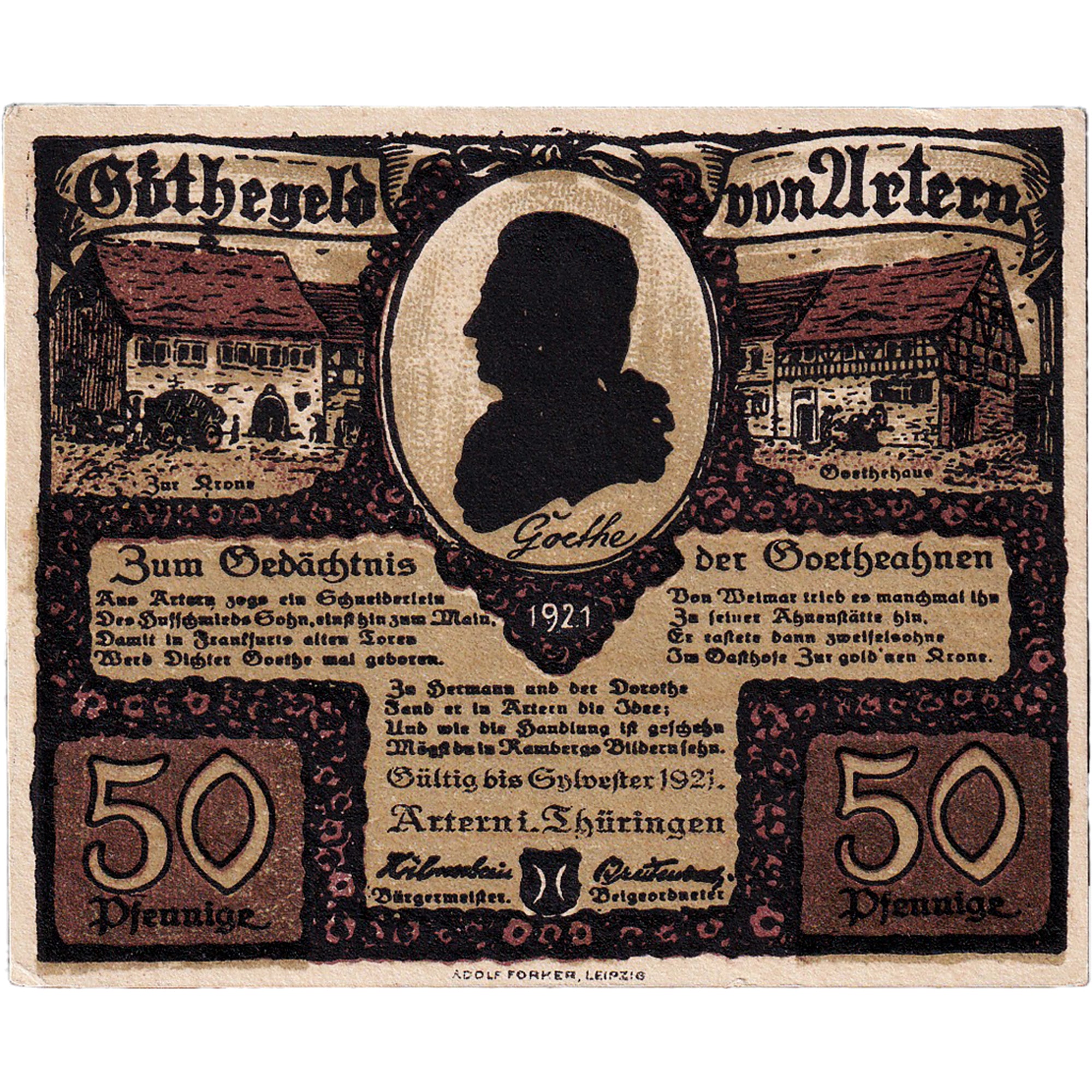 Banknot, Niemcy, Artern, 50 Pfennig, personnage 2, 1921, UNC(63), Mehl:46.3