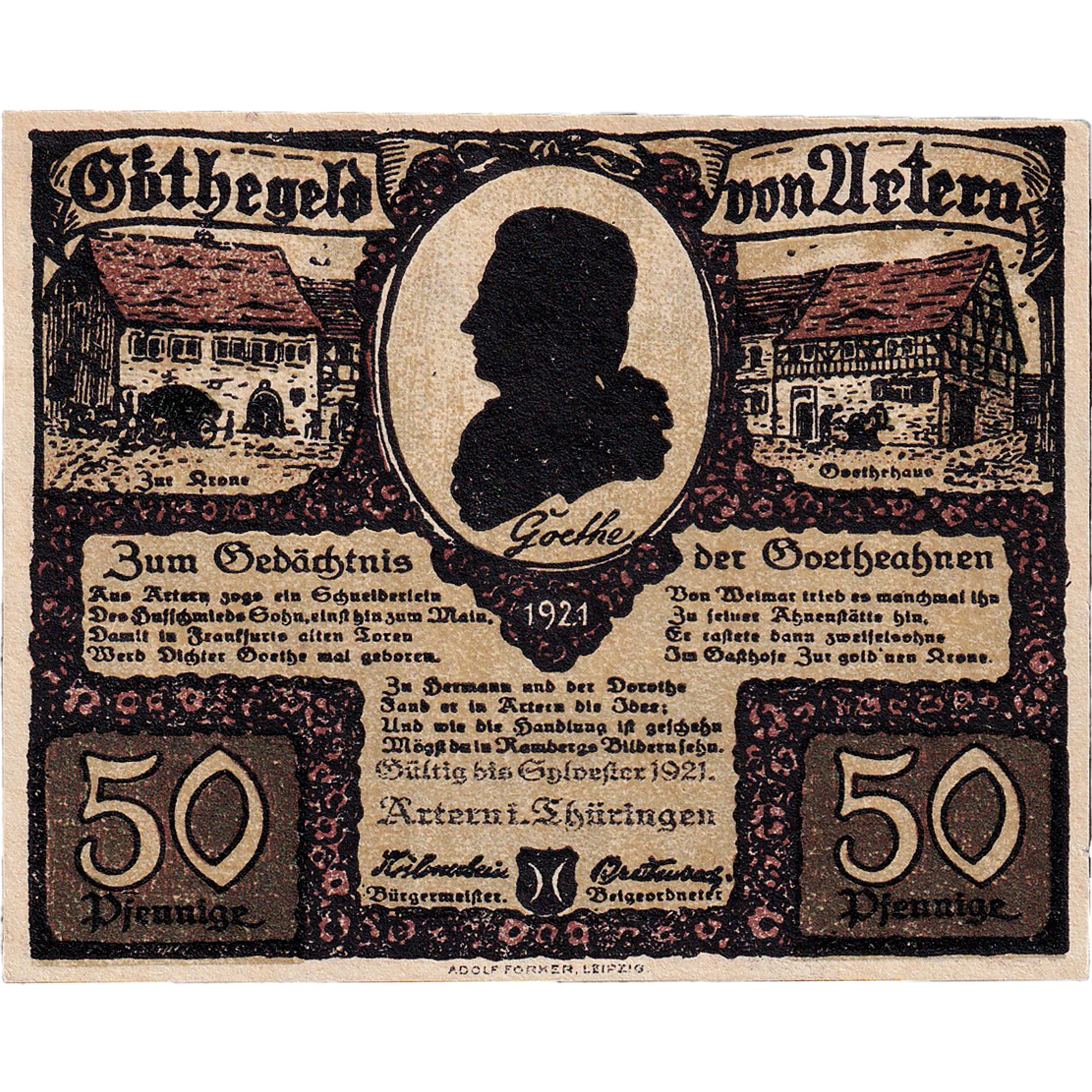 Billete, Alemania, Artern, 50 Pfennig, personnage 3, 1921, SC, Mehl:46.3